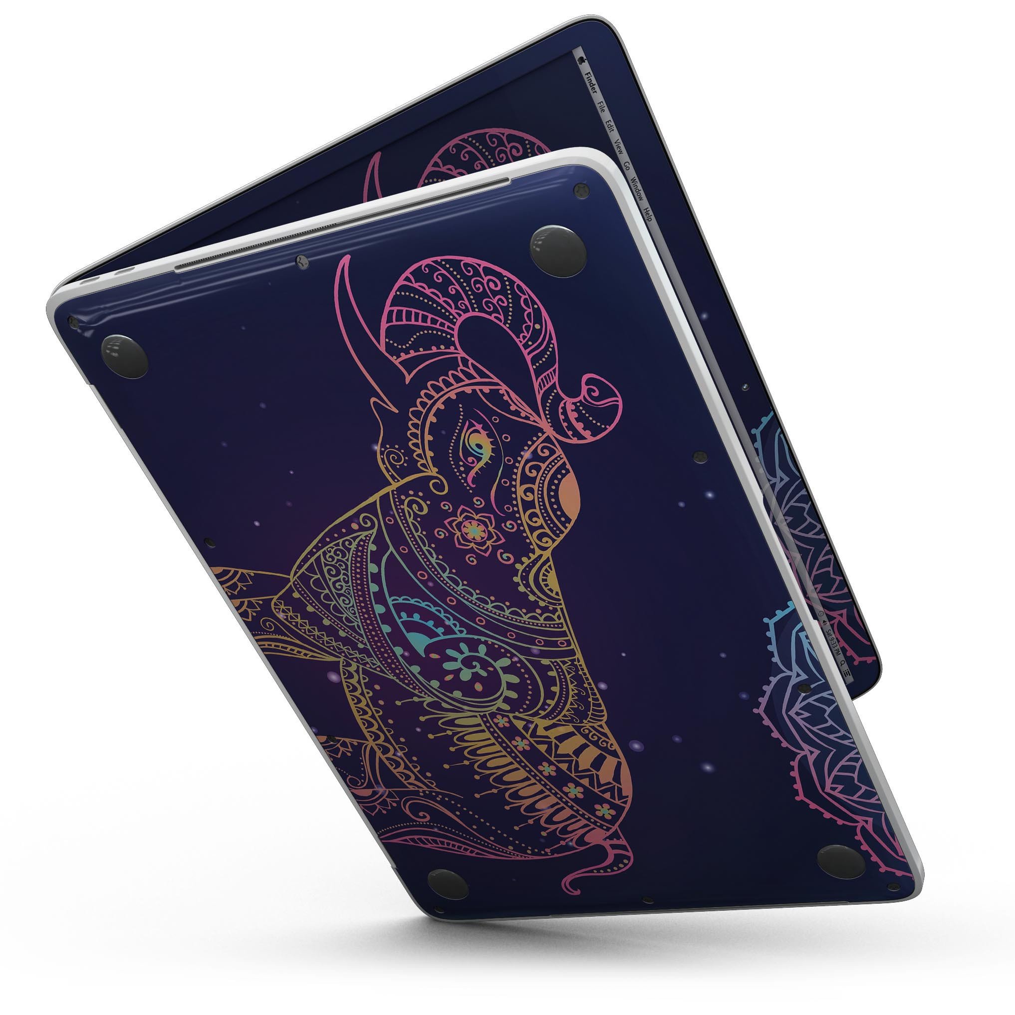Colorful Sacred Elephant skin kit for MacBook Pro with Touch Bar, showcasing vibrant colors and intricate design.