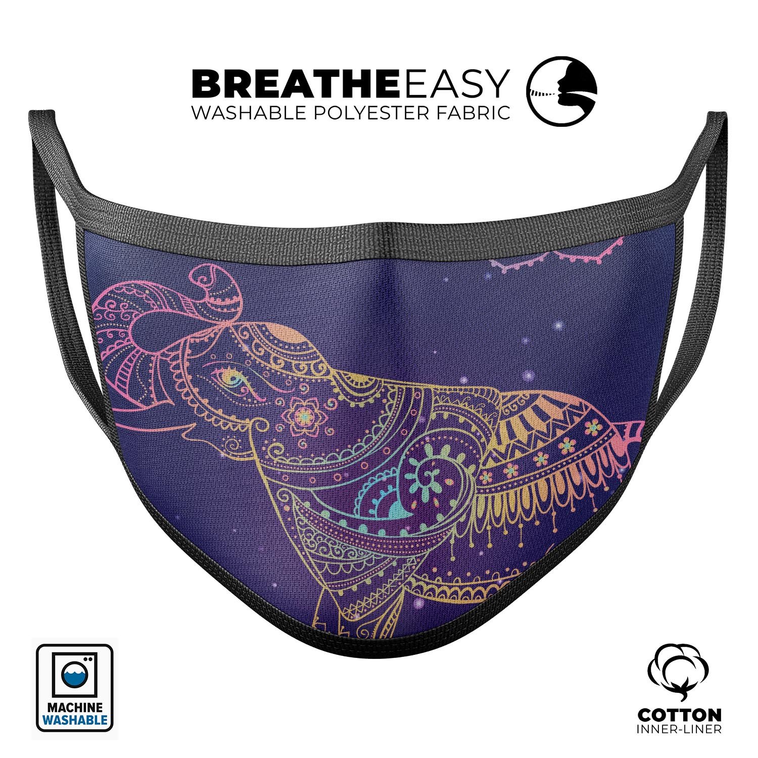 Colorful Sacred Elephant mouth cover, featuring a vibrant design, adjustable ear loops, and made from soft cotton material.