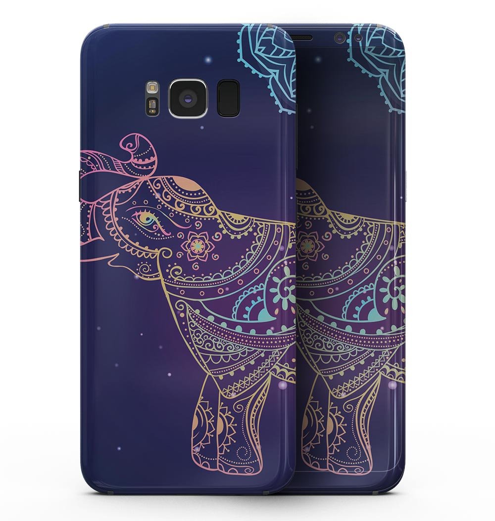 Colorful Sacred Elephant skin for Samsung Galaxy S8, showcasing vibrant design and premium vinyl material.