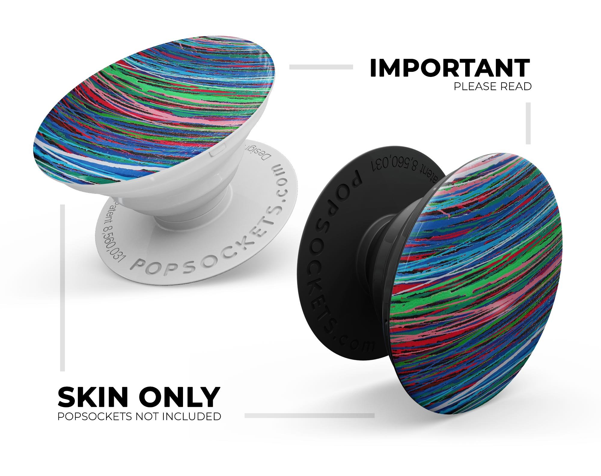 Colorful Strokes Skin Kit for PopSockets featuring vibrant designs and premium vinyl material for smartphone customization.