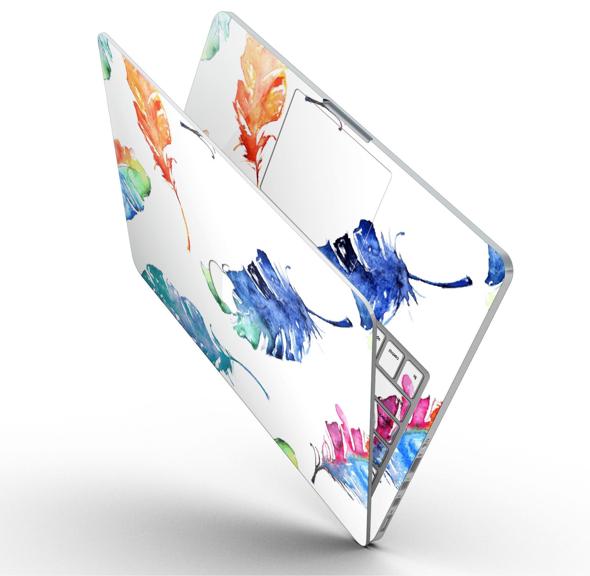 Colorful watercolor feathers skin for MacBook Pro with Retina Display, showcasing vibrant colors and intricate feather designs.