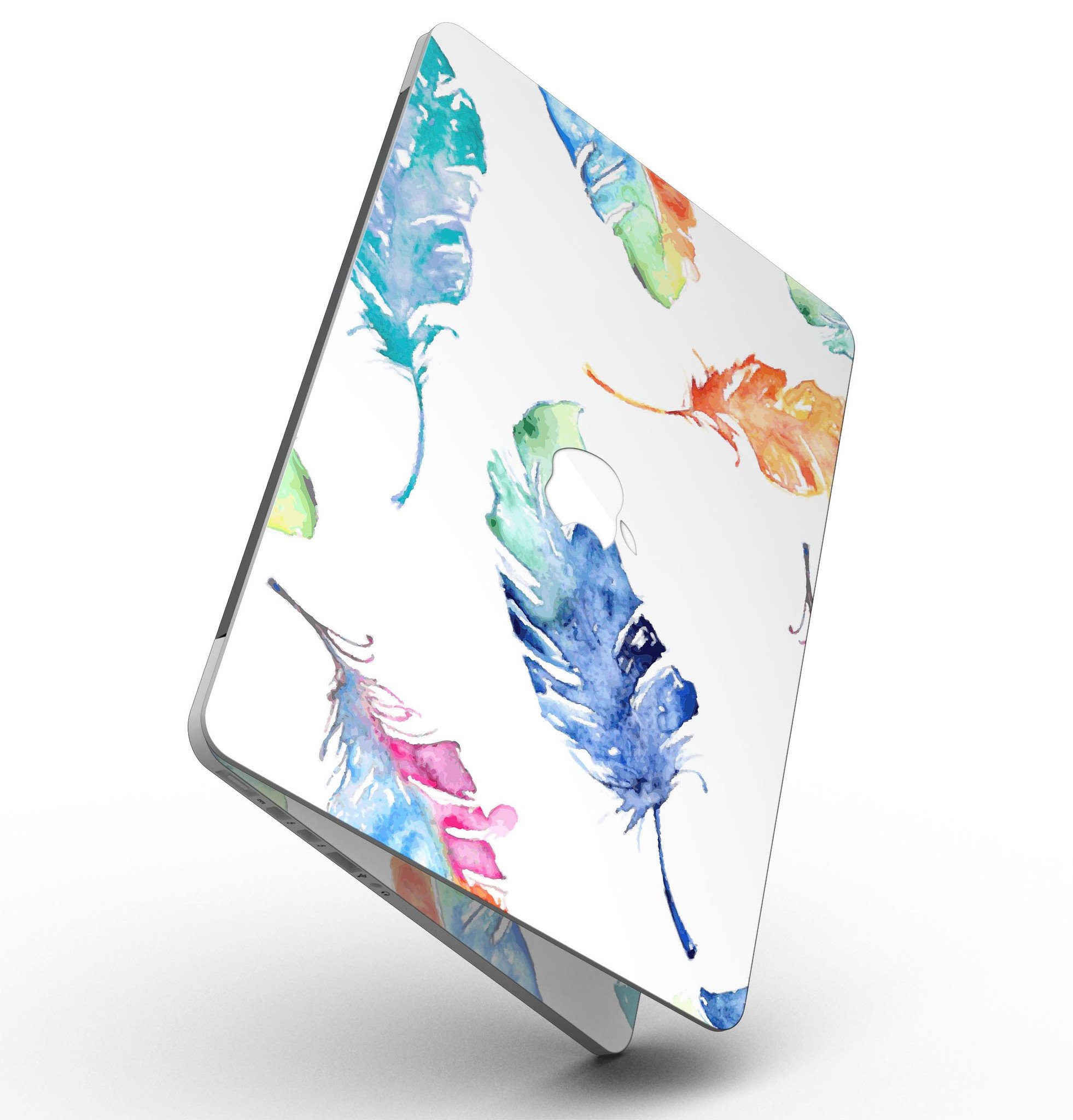 Colorful watercolor feathers skin for MacBook Pro with Retina Display, showcasing vibrant colors and intricate feather designs.