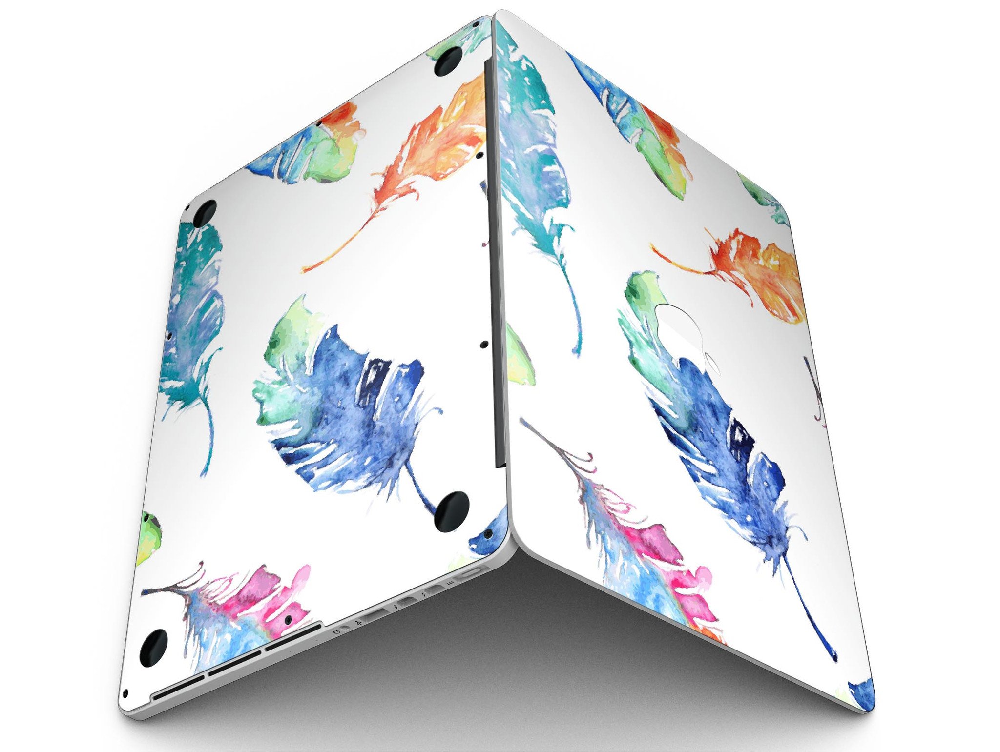 Colorful watercolor feathers skin for MacBook Pro with Retina Display, showcasing vibrant colors and intricate feather designs.