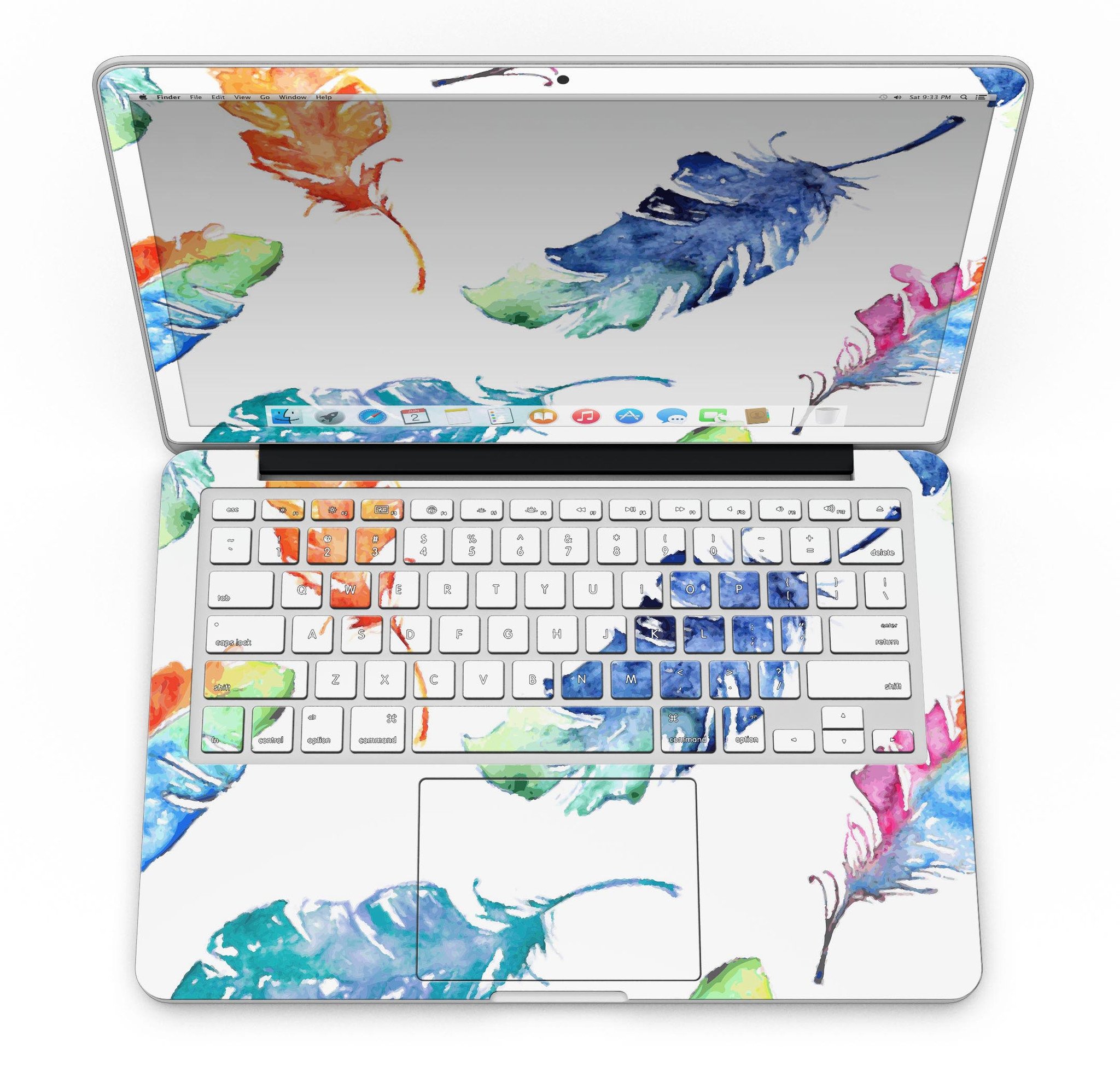 Colorful watercolor feathers skin for MacBook Pro with Retina Display, showcasing vibrant colors and intricate feather designs.