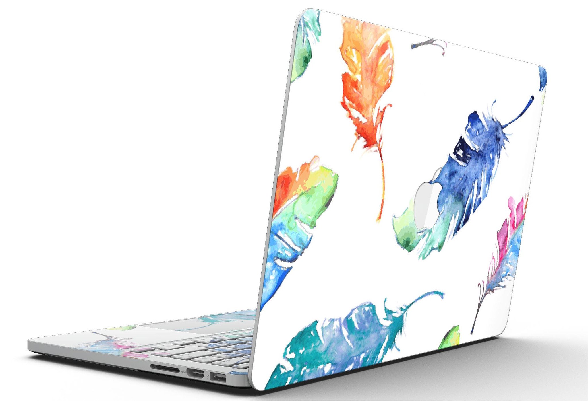 Colorful watercolor feathers skin for MacBook Pro with Retina Display, showcasing vibrant colors and intricate feather designs.