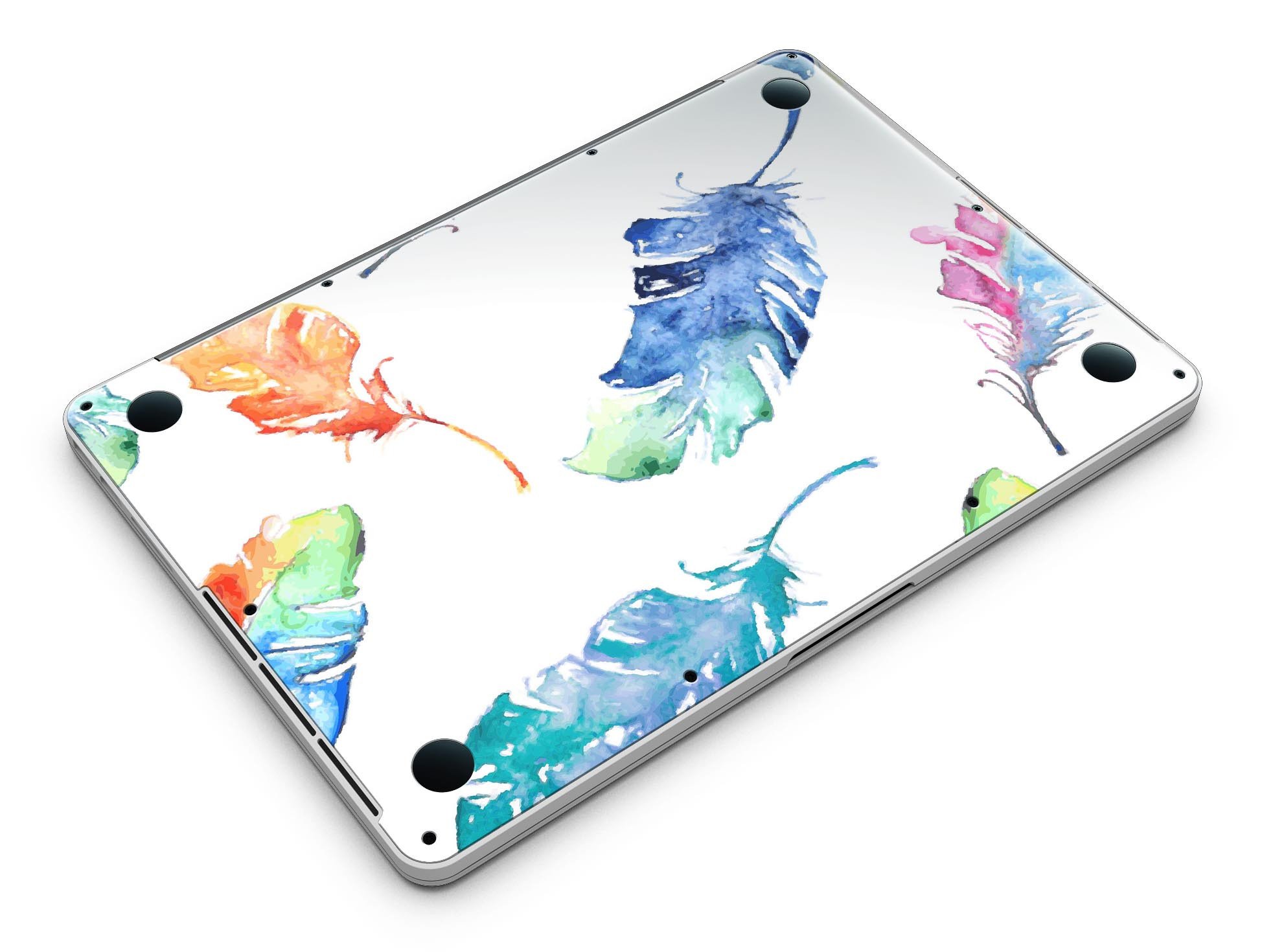 Colorful watercolor feathers skin for MacBook Pro with Retina Display, showcasing vibrant colors and intricate feather designs.