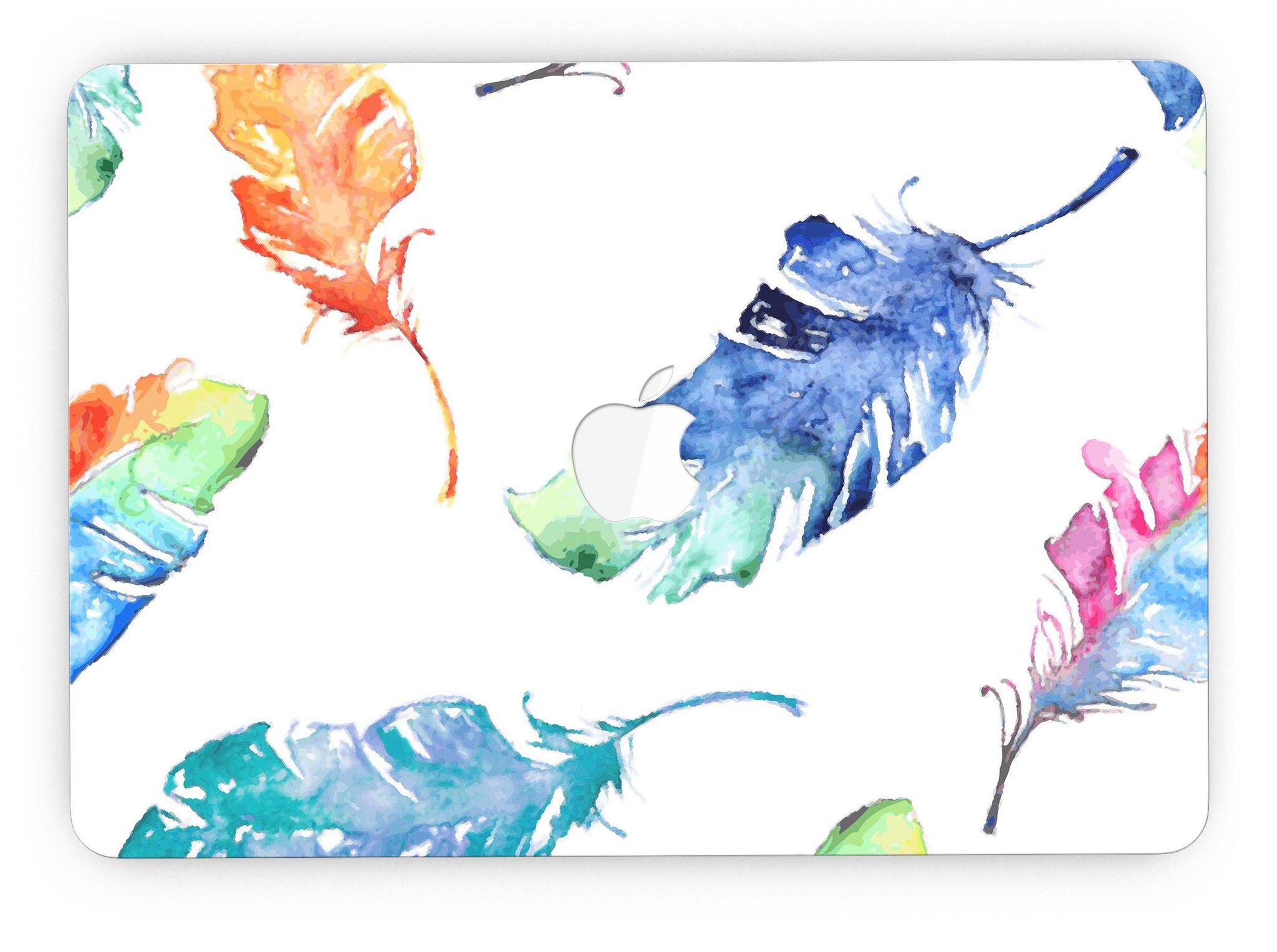 Colorful watercolor feathers skin for MacBook Pro with Retina Display, showcasing vibrant colors and intricate feather designs.