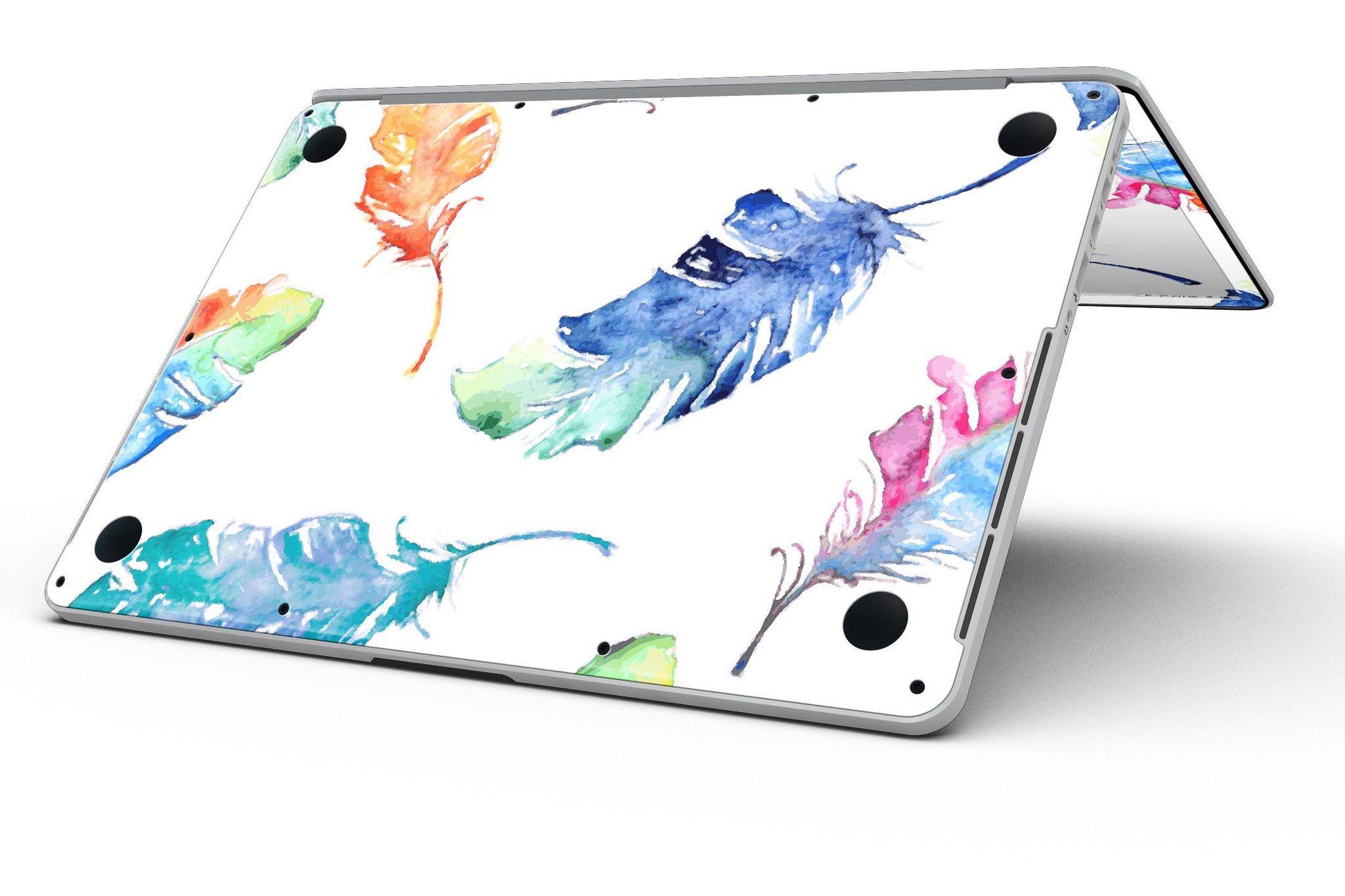 Colorful watercolor feathers skin for MacBook Pro with Retina Display, showcasing vibrant colors and intricate feather designs.