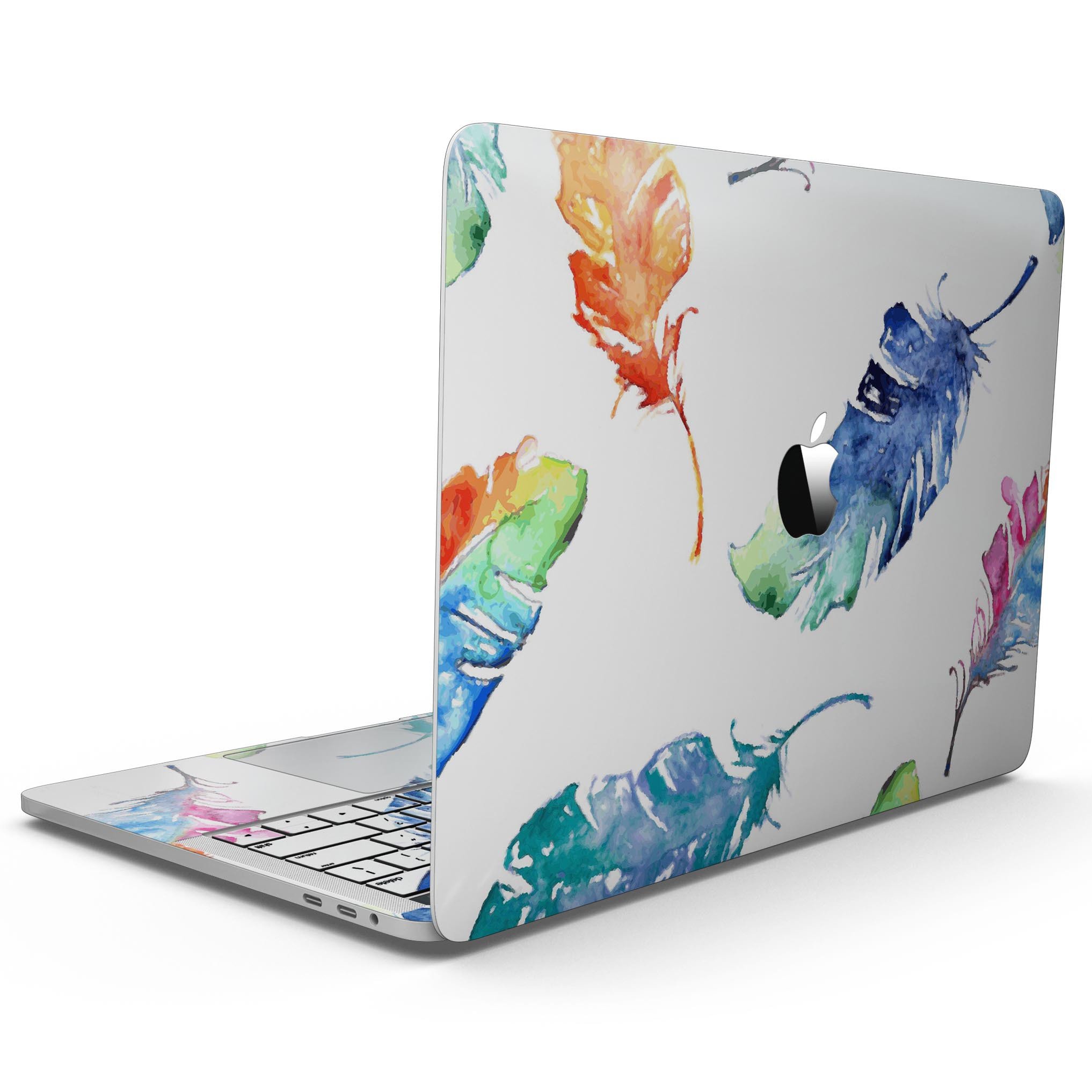 Colorful Watercolor Feathers skin for MacBook Pro with Touch Bar, showcasing vibrant colors and intricate feather designs.