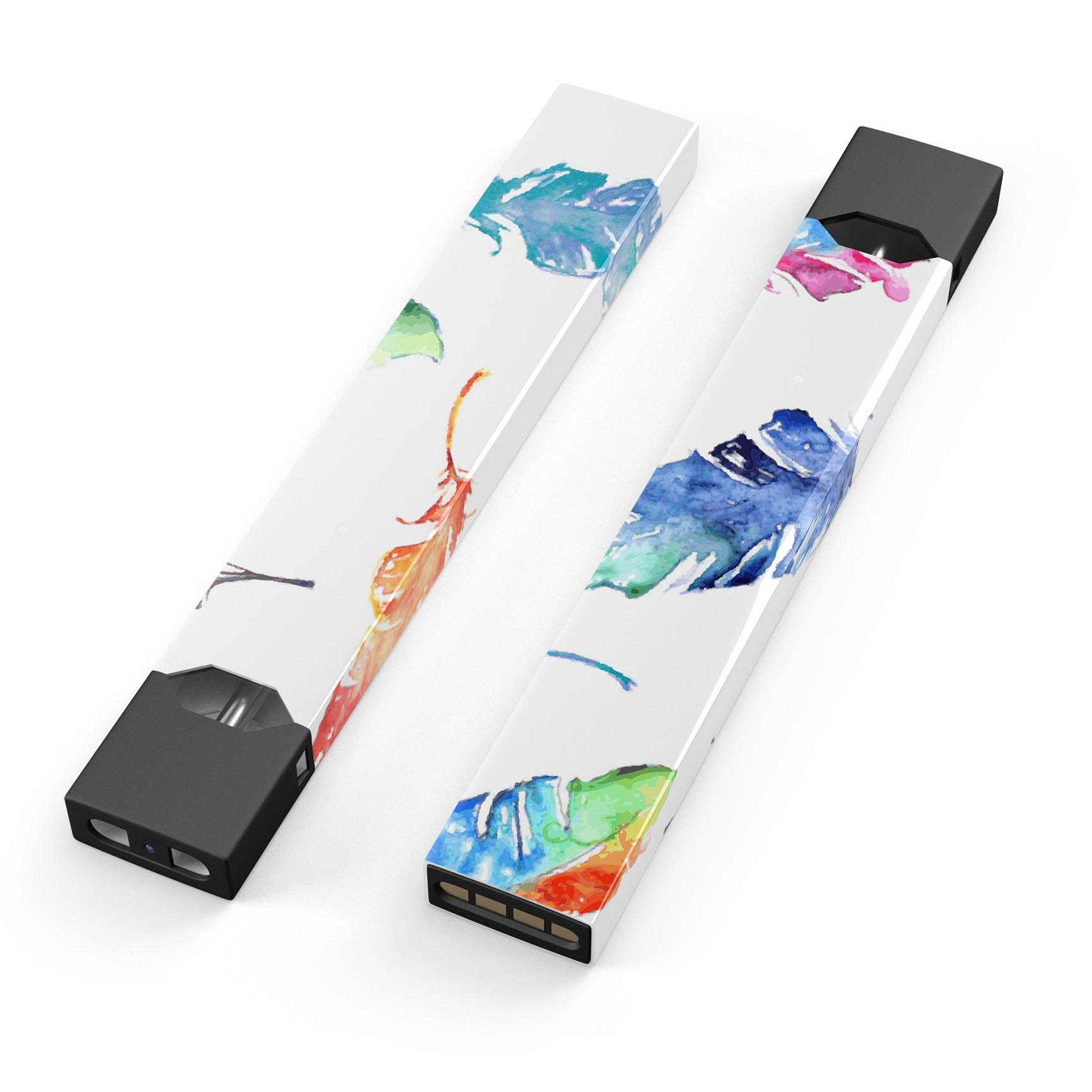 Colorful Watercolor Feathers skin-wrap for JUUL device, showcasing vibrant feather designs on a protective vinyl layer.