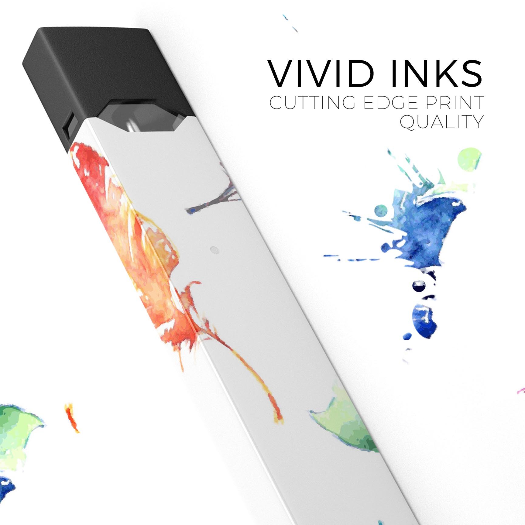 Colorful Watercolor Feathers skin-wrap for JUUL device, showcasing vibrant feather designs on a protective vinyl layer.