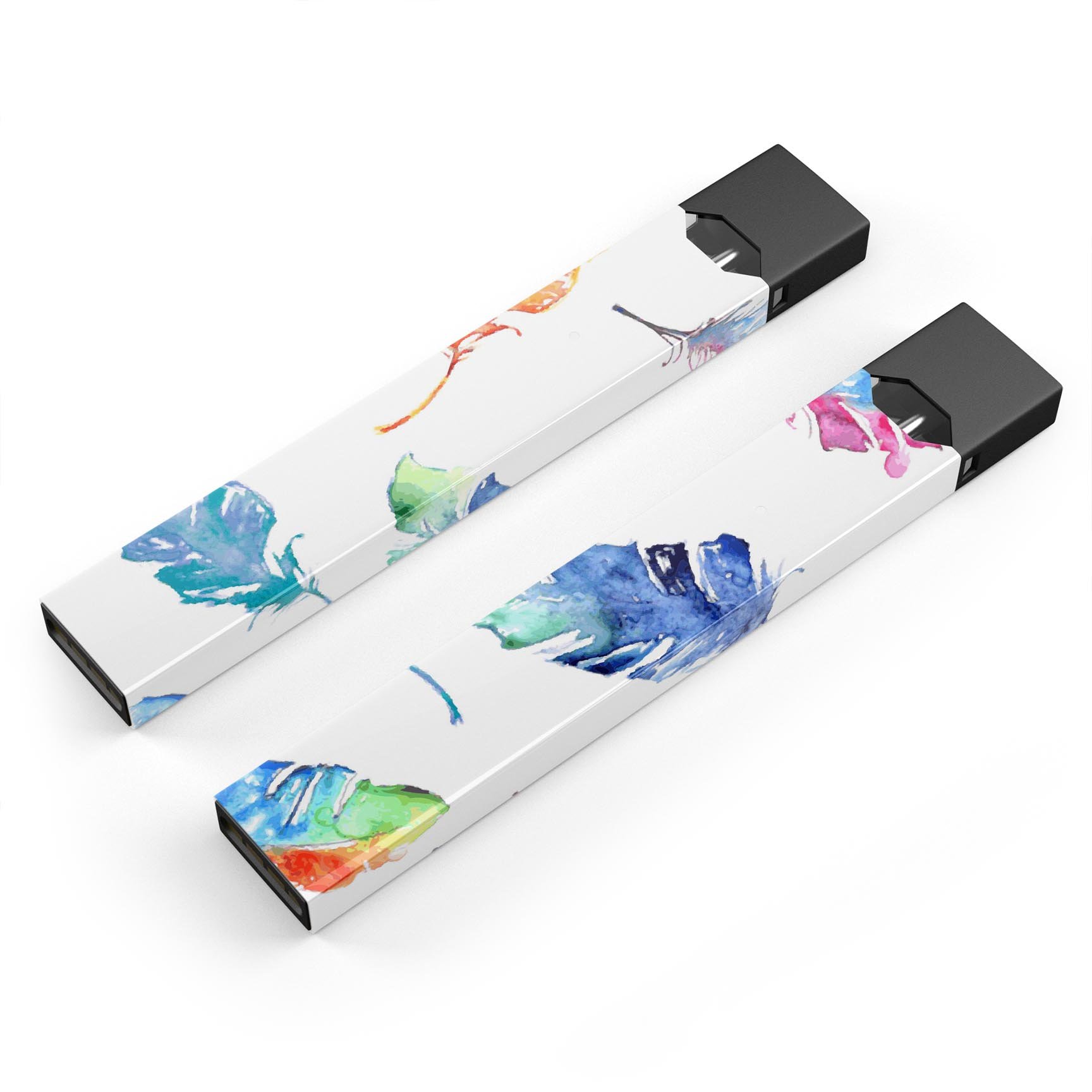 Colorful Watercolor Feathers skin-wrap for JUUL device, showcasing vibrant feather designs on a protective vinyl layer.
