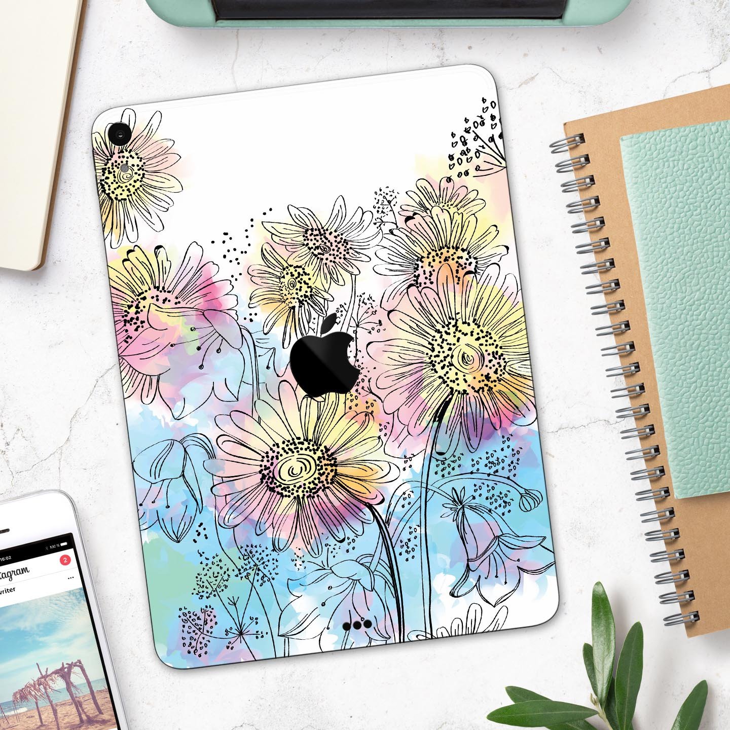 Colorful WaterColor Floral skin decal for Apple iPad, showcasing vibrant floral patterns on a sleek design.
