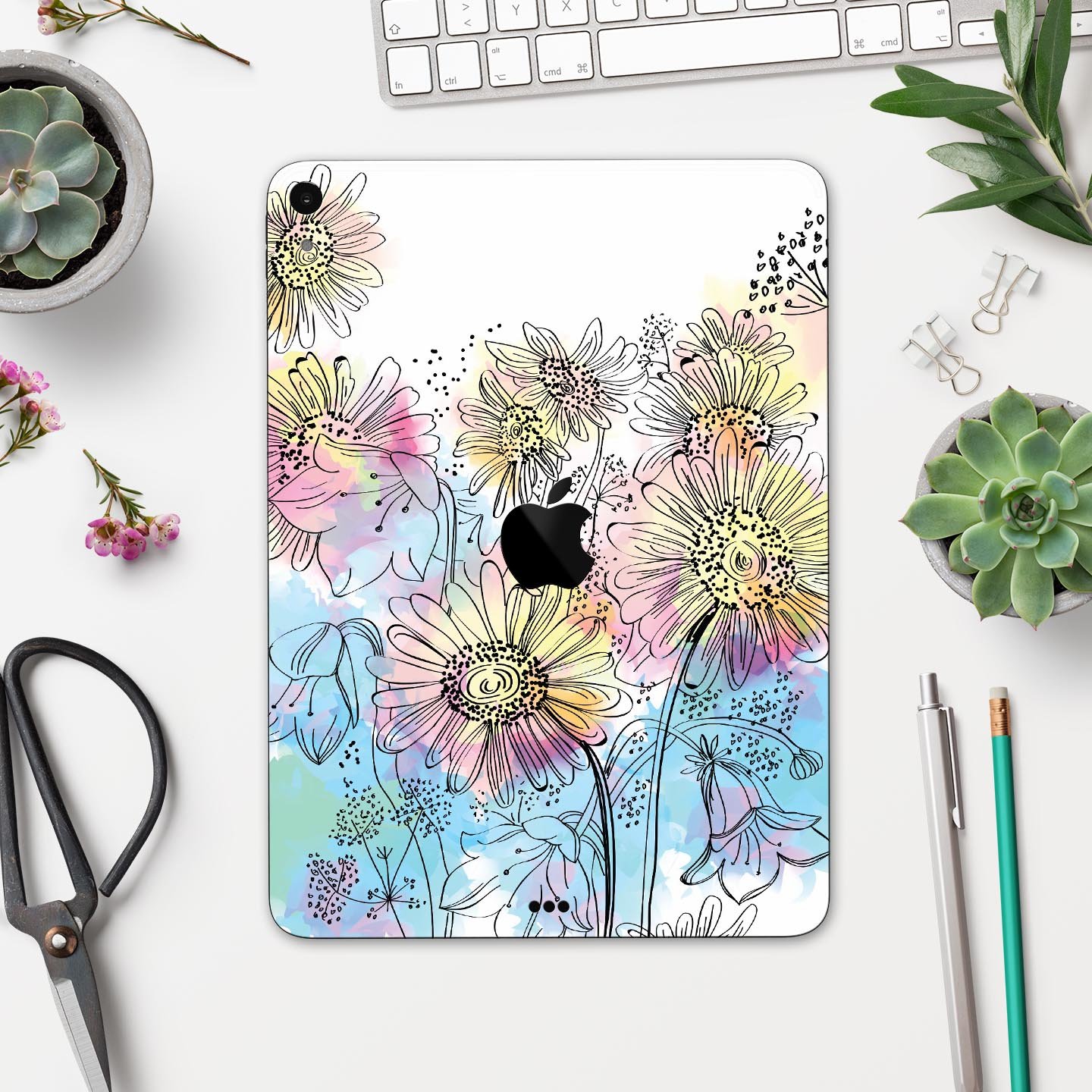 Colorful WaterColor Floral skin decal for Apple iPad, showcasing vibrant floral patterns on a sleek design.