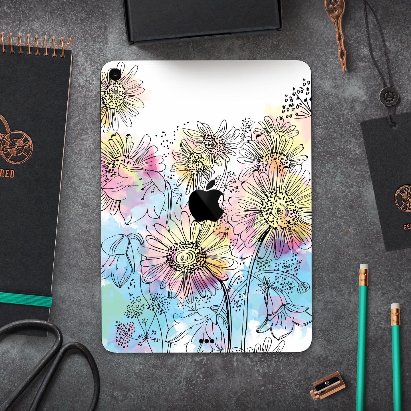 Colorful WaterColor Floral skin decal for Apple iPad, showcasing vibrant floral patterns on a sleek design.