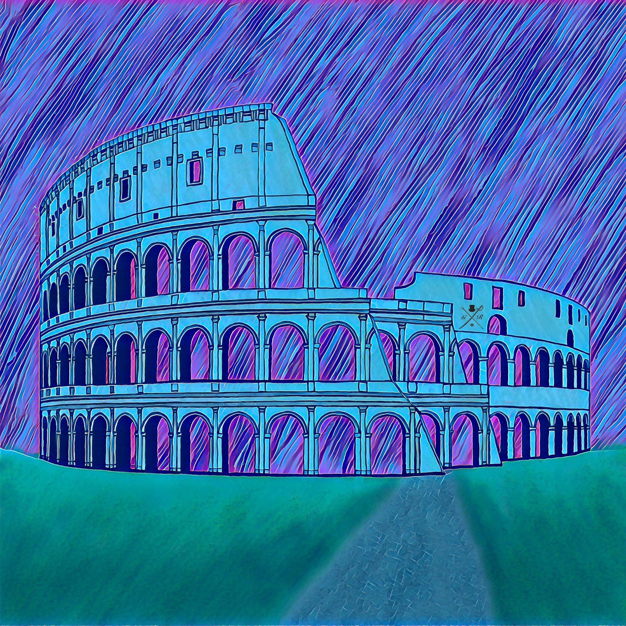 Colosseum Blue Pocket Square featuring a sketched design of the Colosseum in vibrant blue, magenta, and green colors, made from 100% silk.