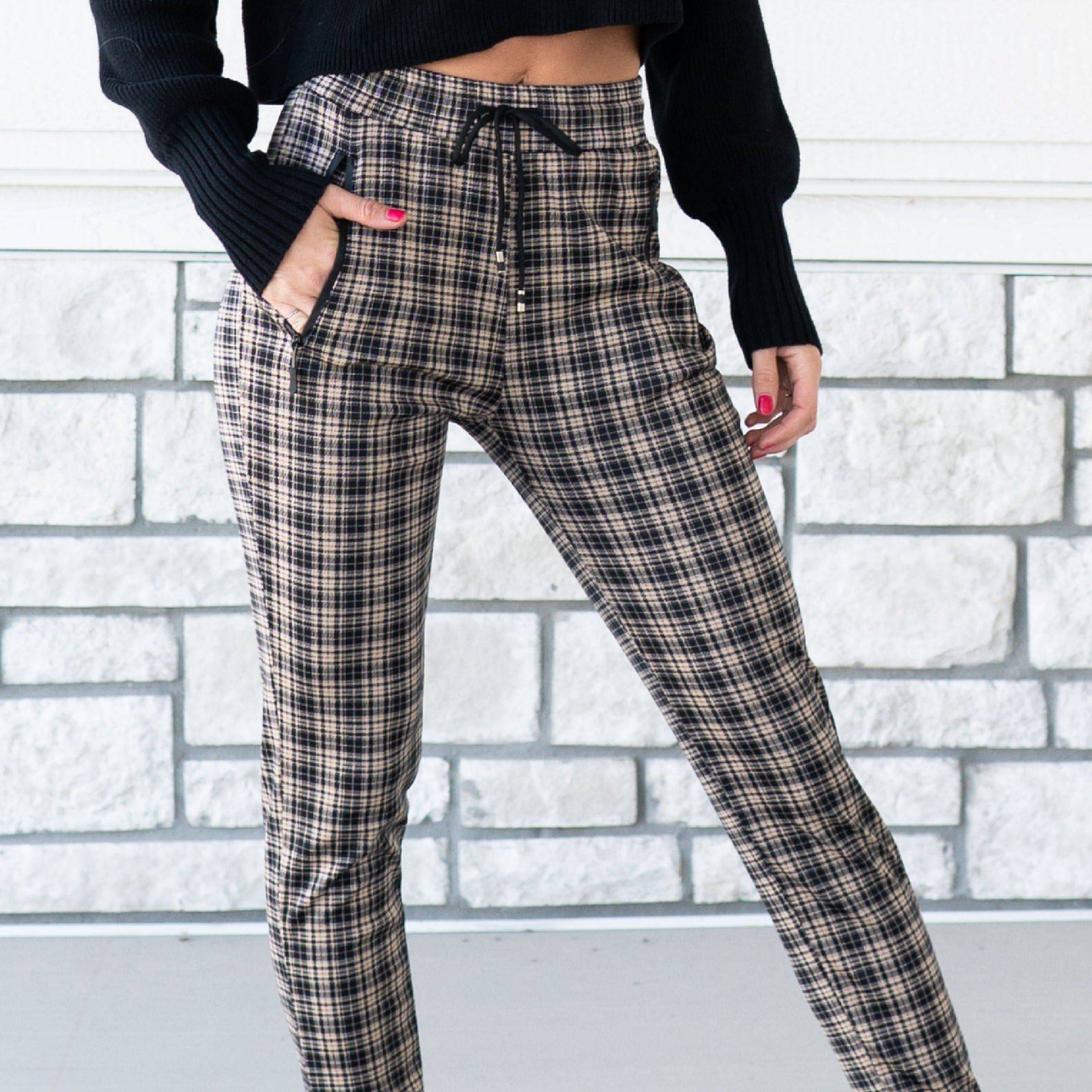 Comfy plaid print dress pants featuring a fitted design and adjustable drawstring waist, perfect for stylish comfort.