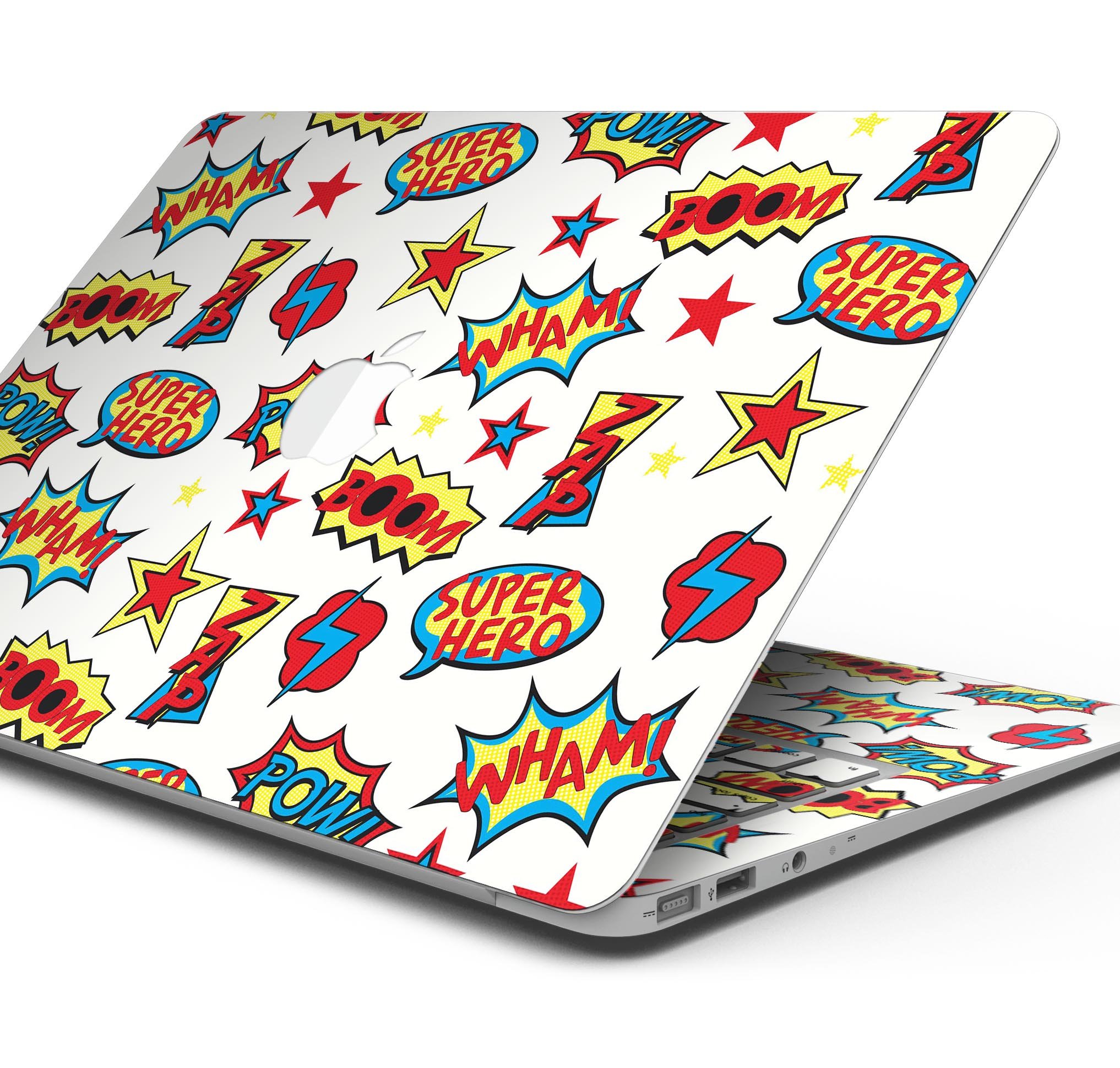 Comic Book Actions V1 skin decal wrap kit for Apple MacBook, showcasing vibrant comic book graphics and a sleek design.