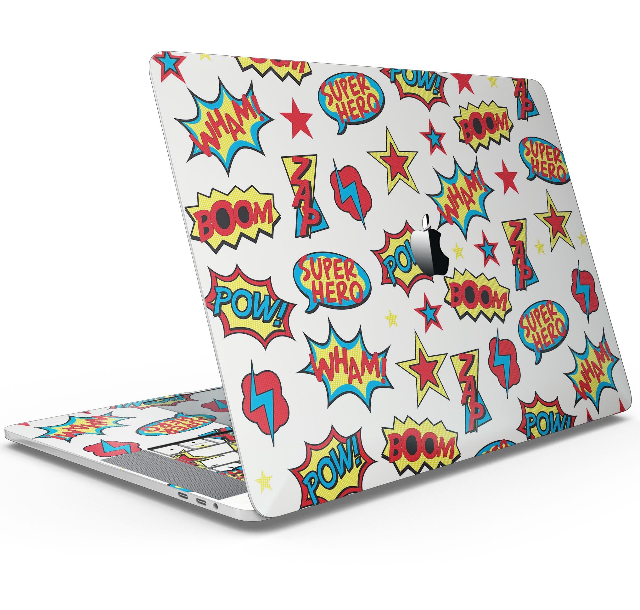 Comic Book Actions V1 skin decal wrap kit for Apple MacBook, showcasing vibrant comic book graphics and a sleek design.