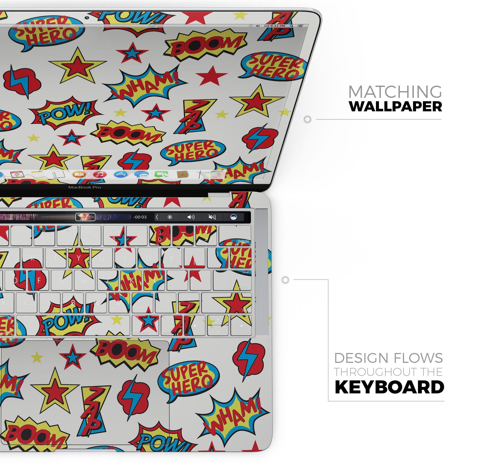 Comic Book Actions V1 skin decal wrap kit for Apple MacBook, showcasing vibrant comic book graphics and a sleek design.