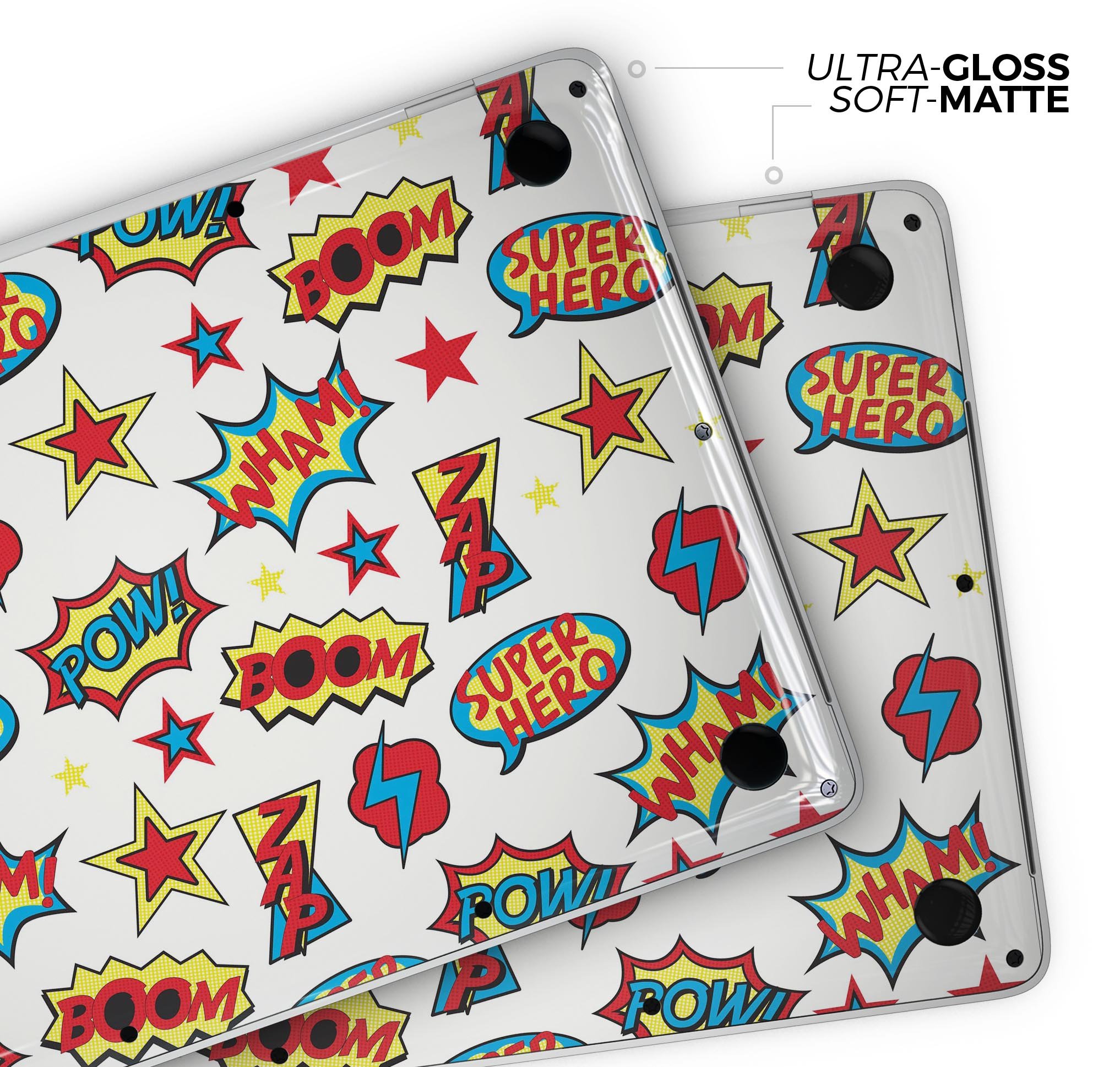 Comic Book Actions V1 skin decal wrap kit for Apple MacBook, showcasing vibrant comic book graphics and a sleek design.