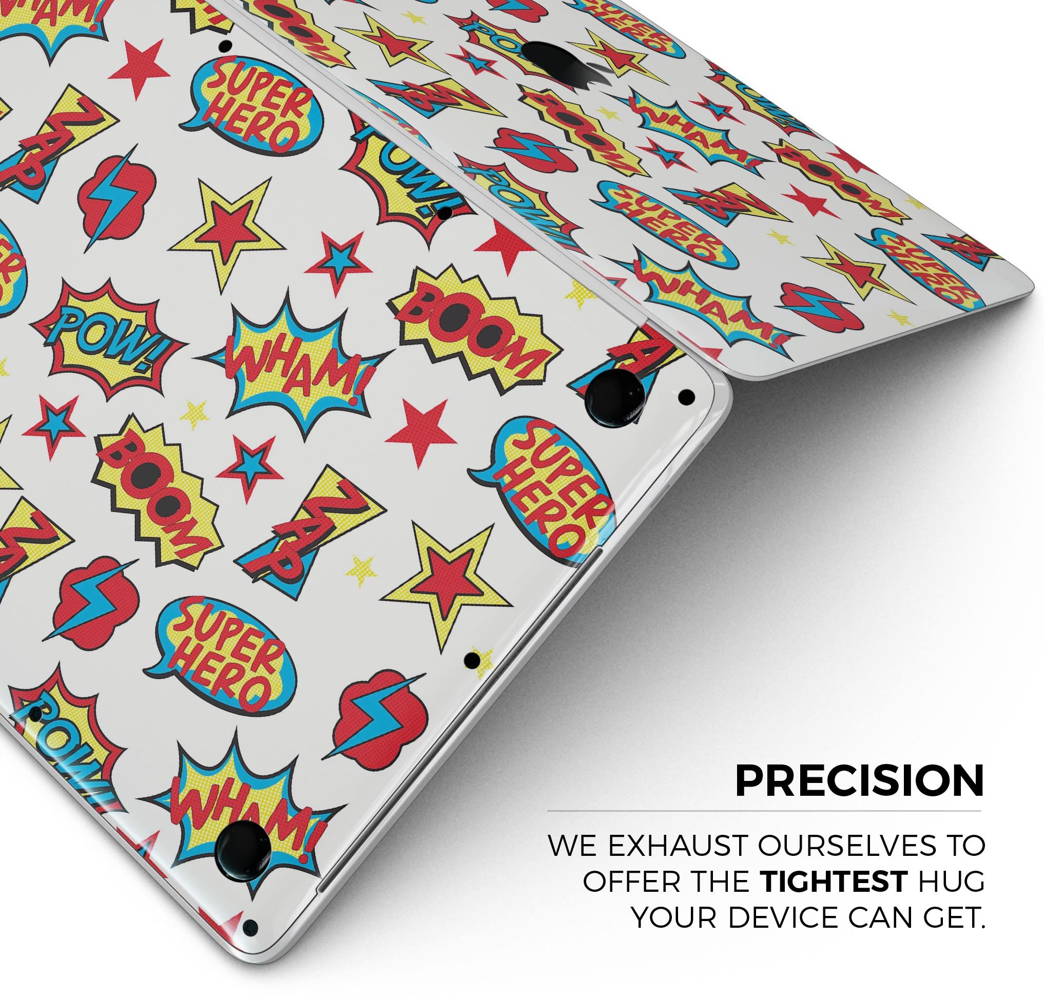 Comic Book Actions V1 skin decal wrap kit for Apple MacBook, showcasing vibrant comic book graphics and a sleek design.