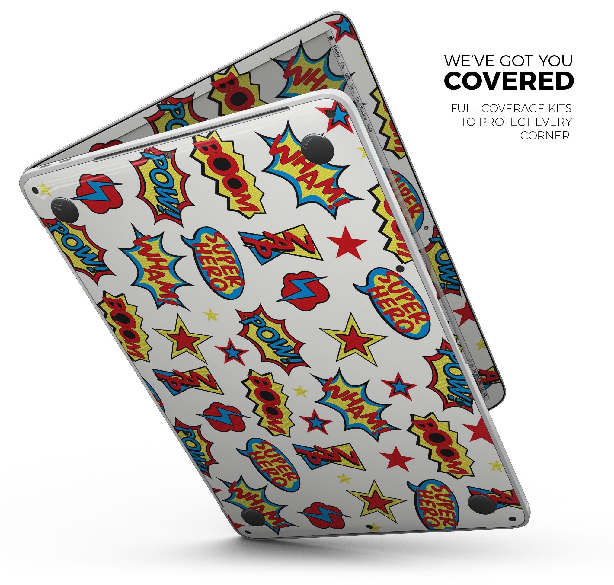 Comic Book Actions V1 skin decal wrap kit for Apple MacBook, showcasing vibrant comic book graphics and a sleek design.