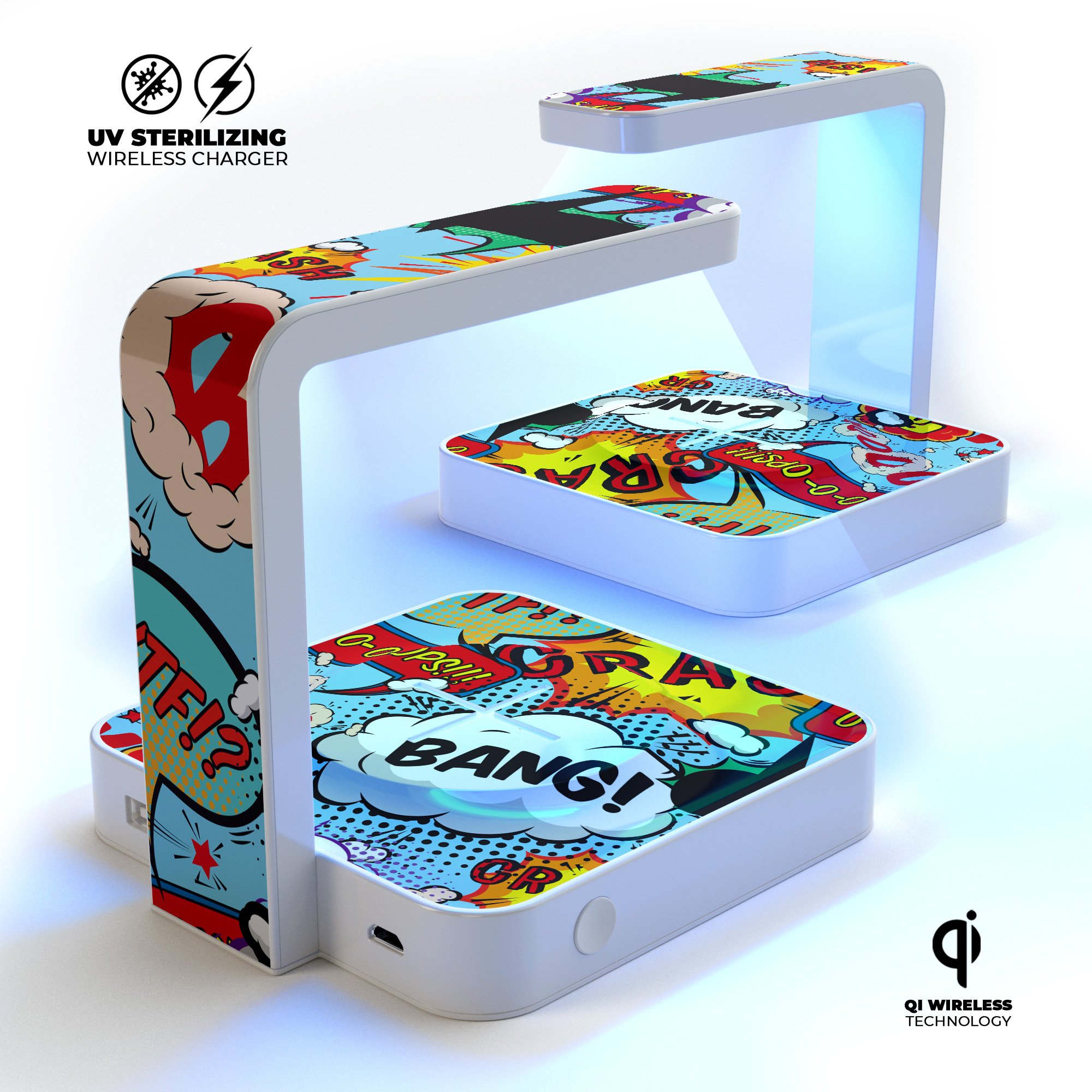 Comic Speech Bubbles V1 UV Germicidal Sanitizing Wireless Charger with decorative skin, USB cable, and phone sterilizing features.