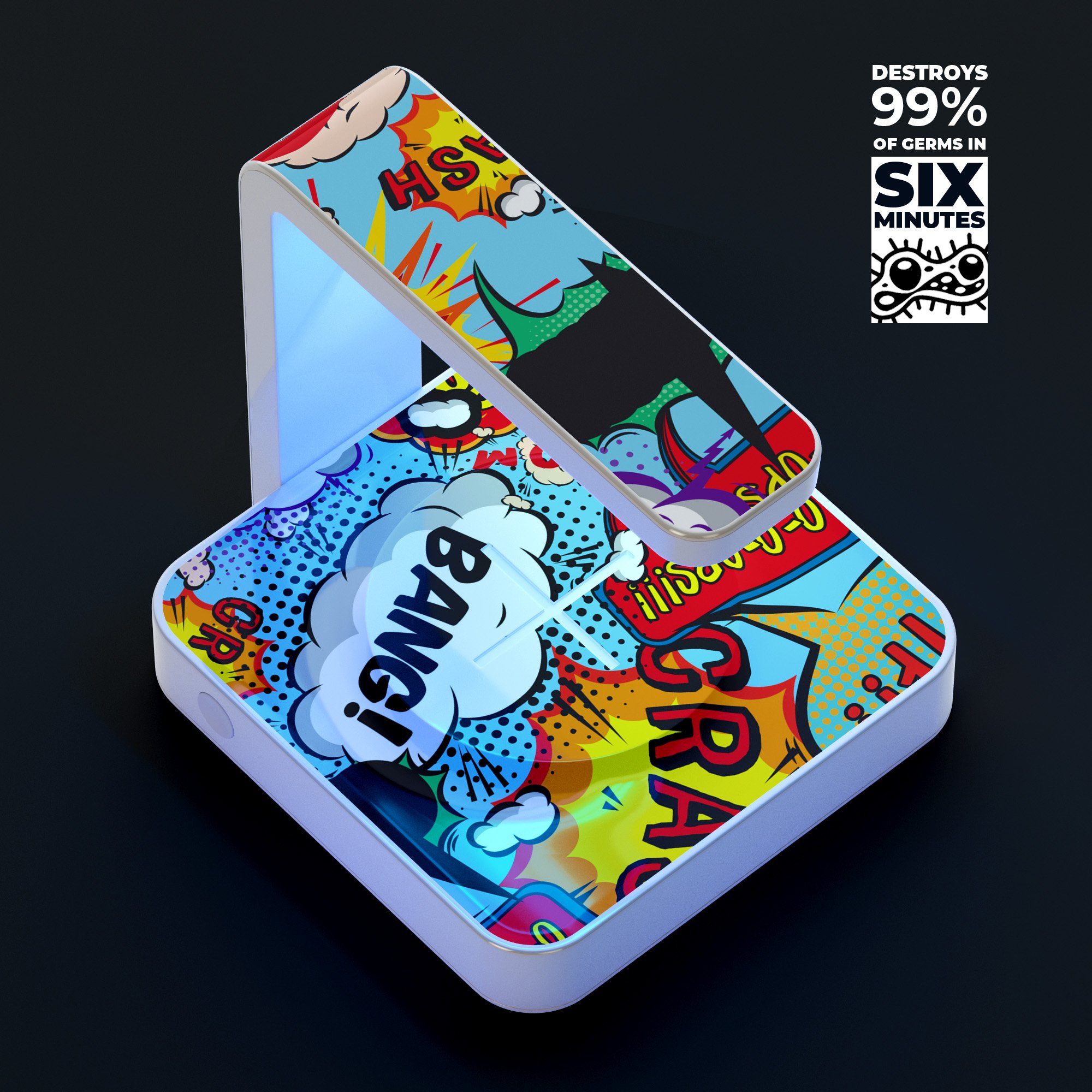 Comic Speech Bubbles V1 UV Germicidal Sanitizing Wireless Charger with decorative skin, USB cable, and phone sterilizing features.