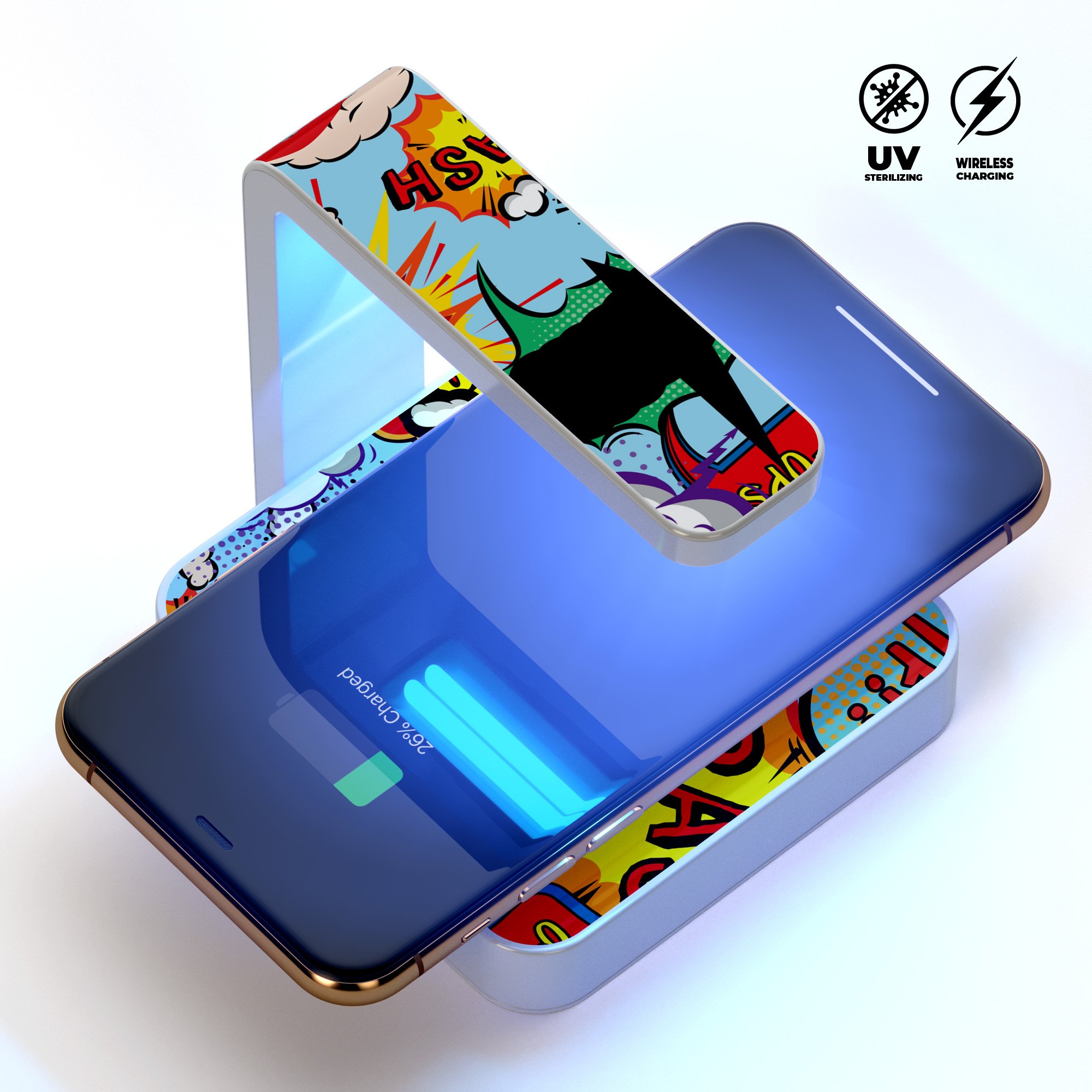 Comic Speech Bubbles V1 UV Germicidal Sanitizing Wireless Charger with decorative skin, USB cable, and phone sterilizing features.