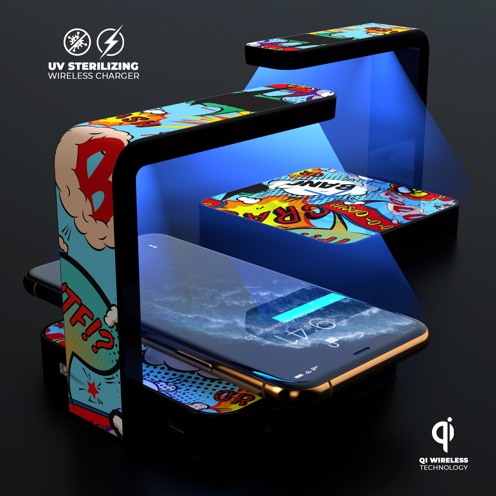 Comic Speech Bubbles V1 UV Germicidal Sanitizing Wireless Charger with decorative skin, USB cable, and phone sterilizing features.