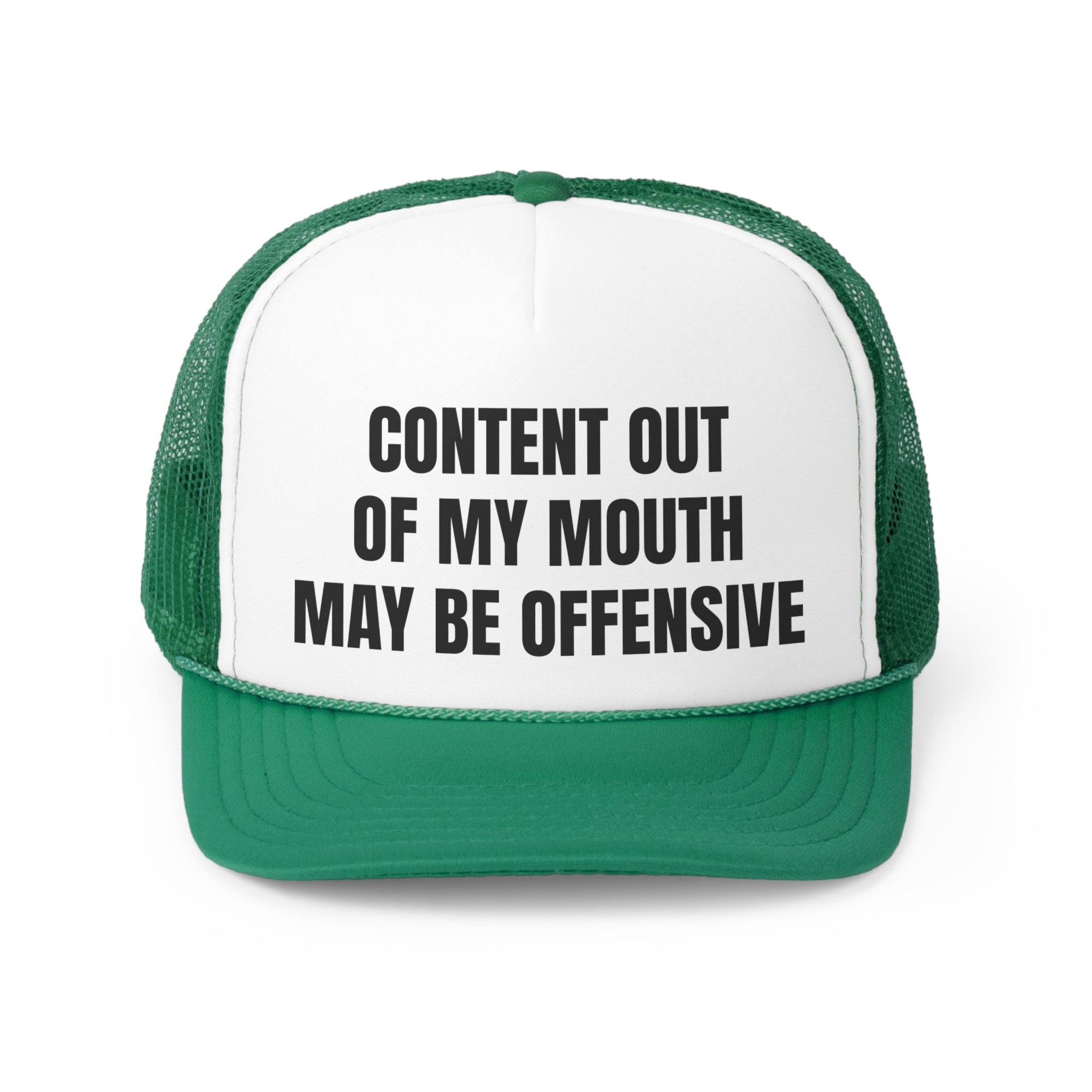 Funny trucker hat with the phrase 'Content Out Of My Mouth May Be Offensive' designed for humor lovers.