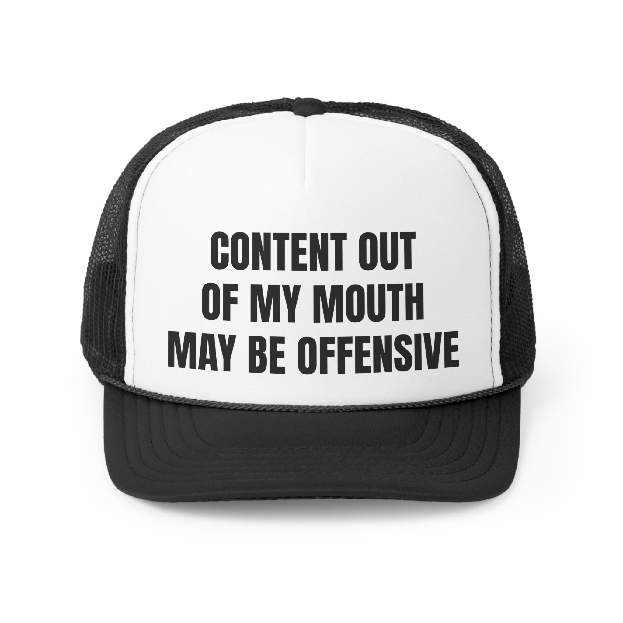 Funny trucker hat with the phrase 'Content Out Of My Mouth May Be Offensive' designed for humor lovers.