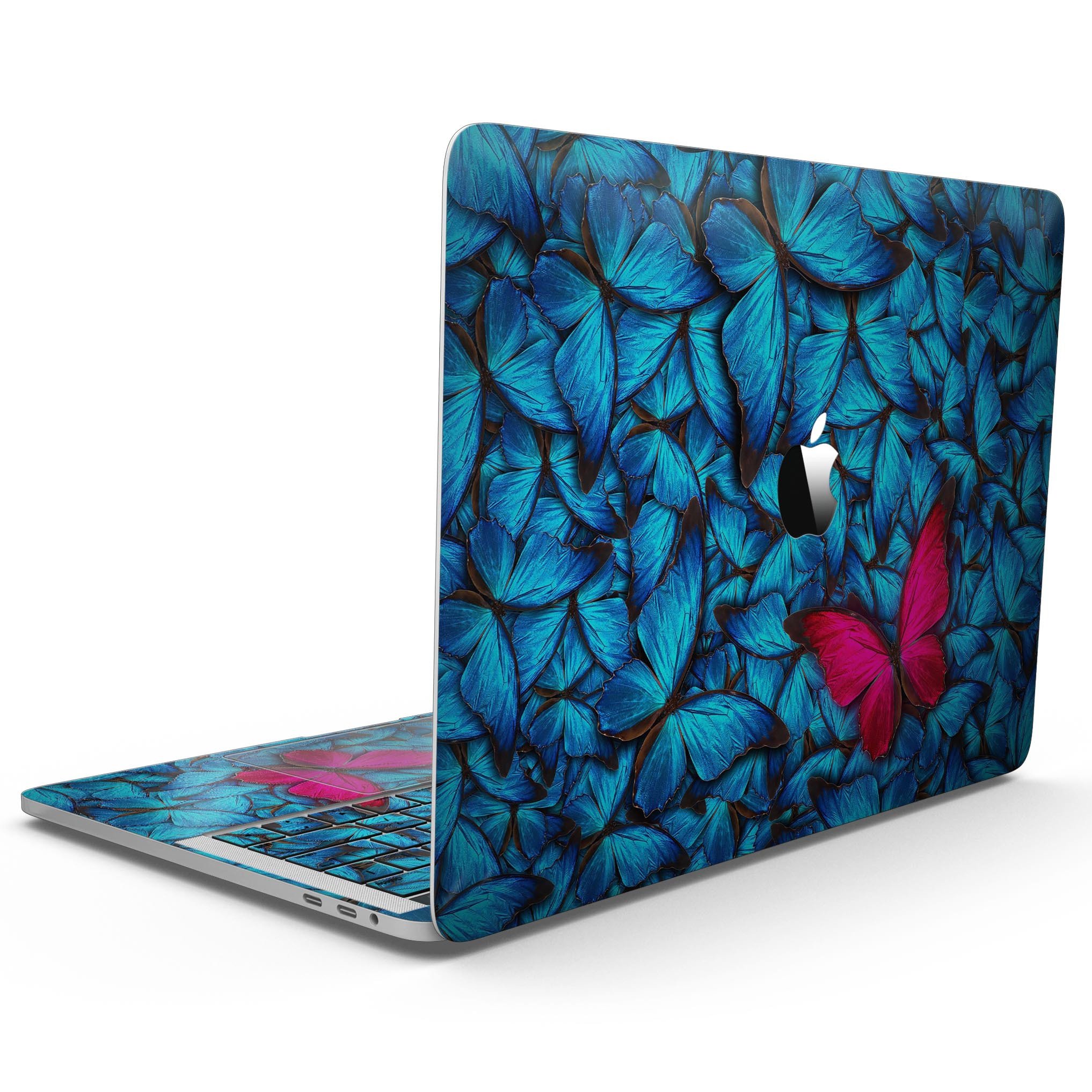 Contrasting Butterfly skin kit for MacBook Pro with Touch Bar, showcasing vibrant design and premium vinyl material.