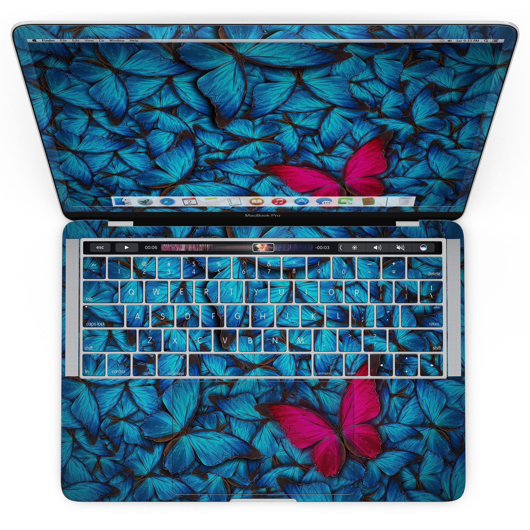 Contrasting Butterfly skin kit for MacBook Pro with Touch Bar, showcasing vibrant design and premium vinyl material.