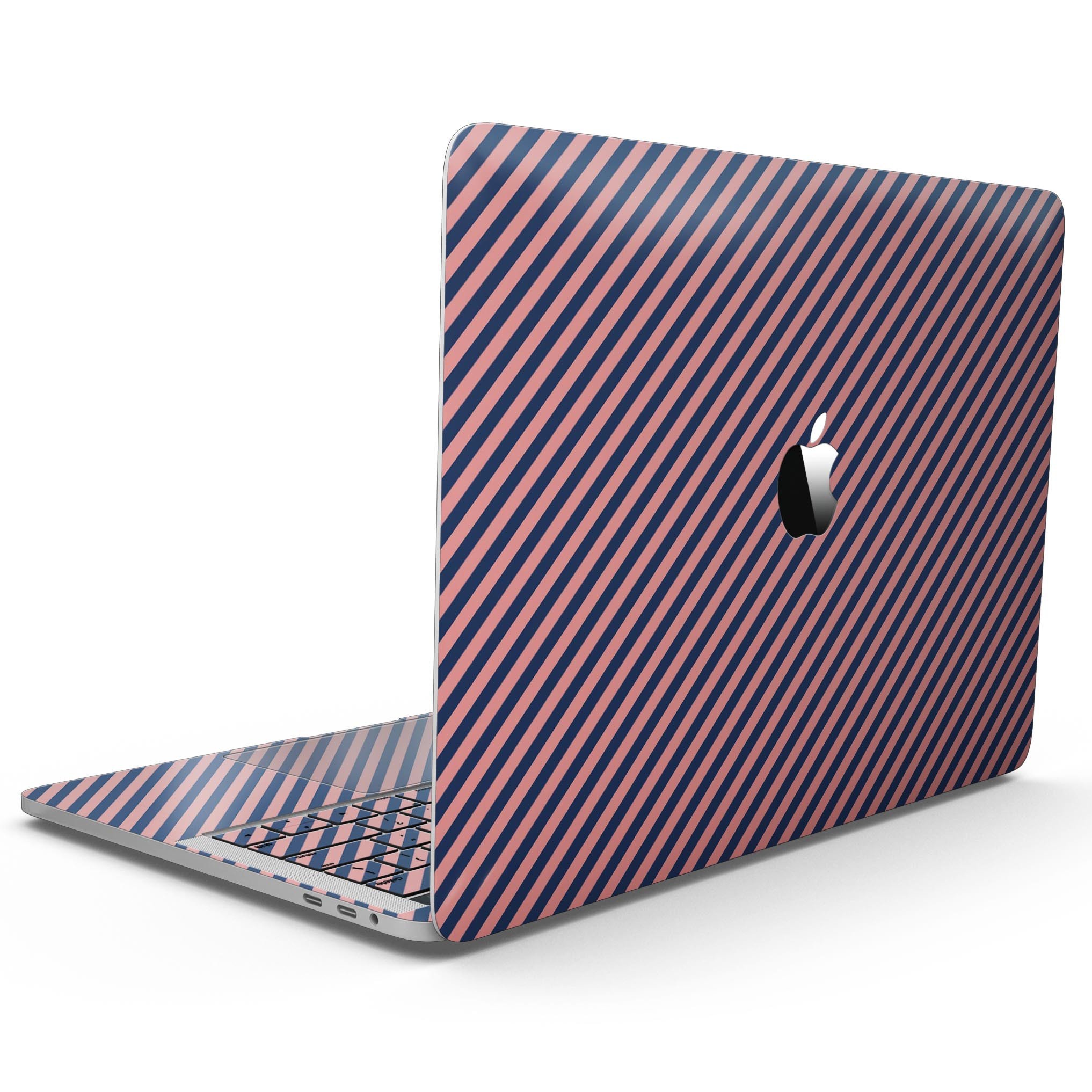 Coral and navy blue diagonal stripes skin for MacBook Pro with Touch Bar, showcasing vibrant colors and a sleek design.