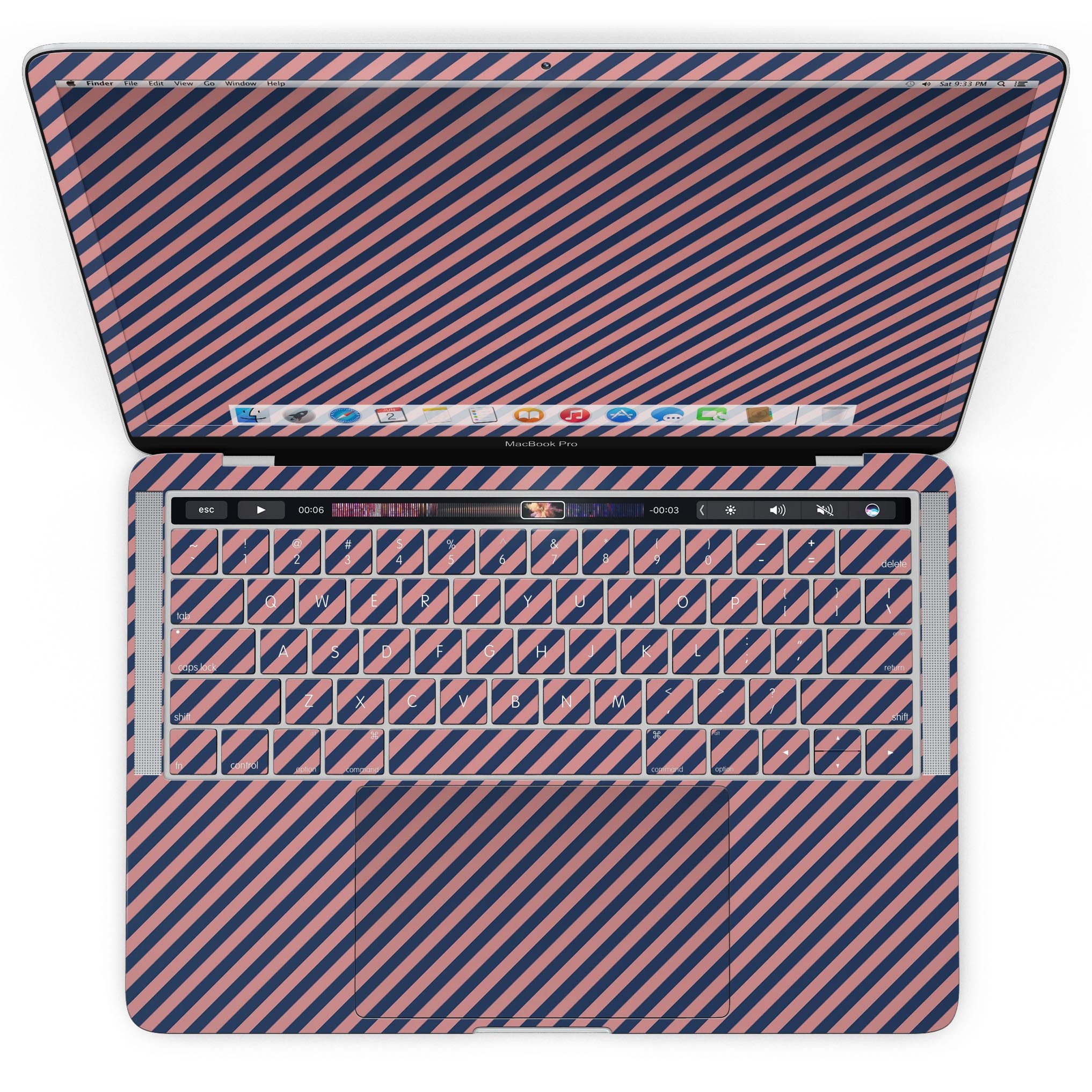 Coral and navy blue diagonal stripes skin for MacBook Pro with Touch Bar, showcasing vibrant colors and a sleek design.
