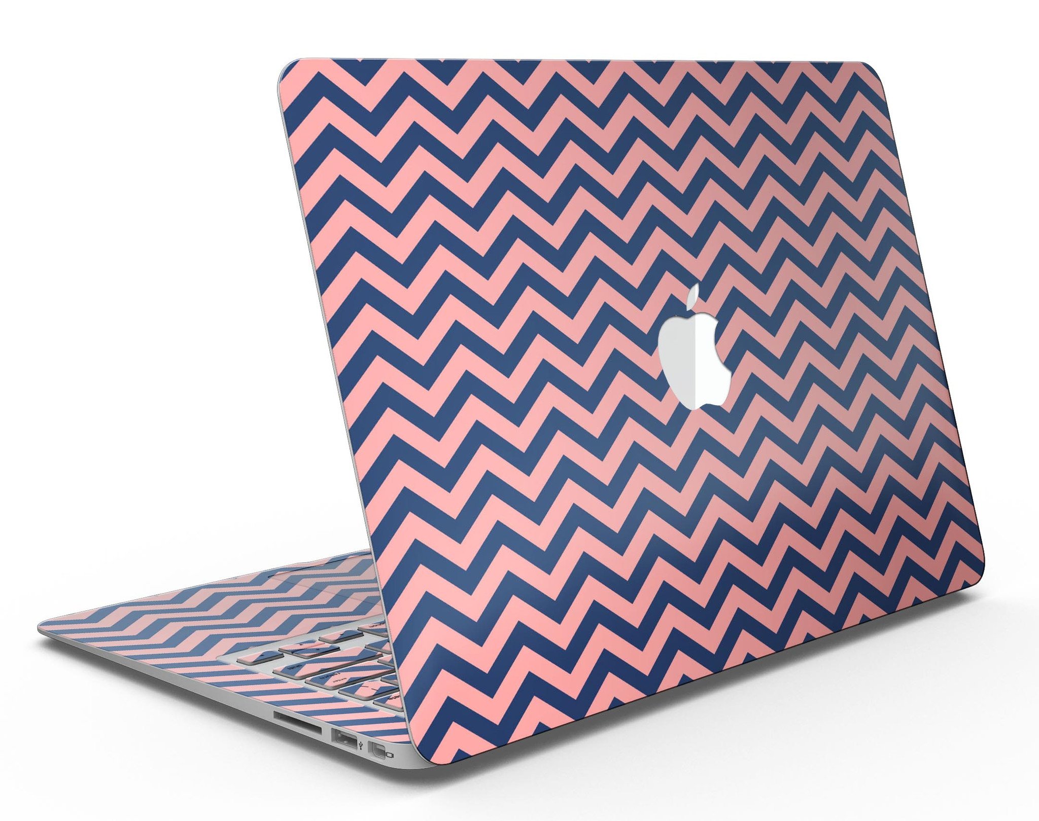 Coral and navy chevron patterned skin kit for MacBook Air, showcasing vibrant colors and stylish design.