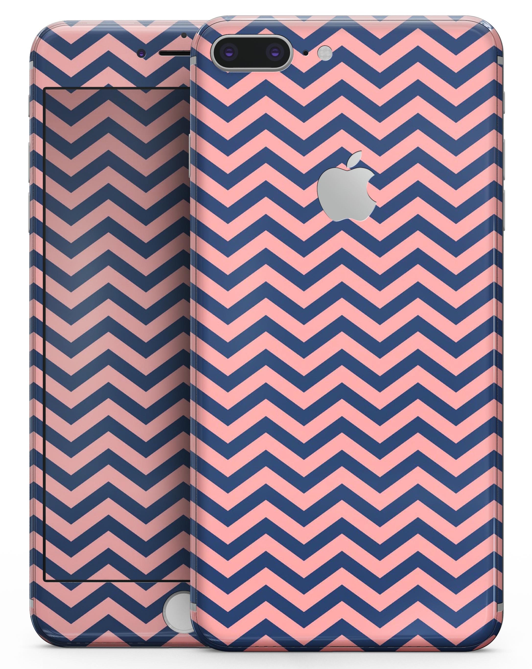 Coral and navy chevron pattern skin for iPhone 8 and 8 Plus, showcasing vibrant colors and stylish design.