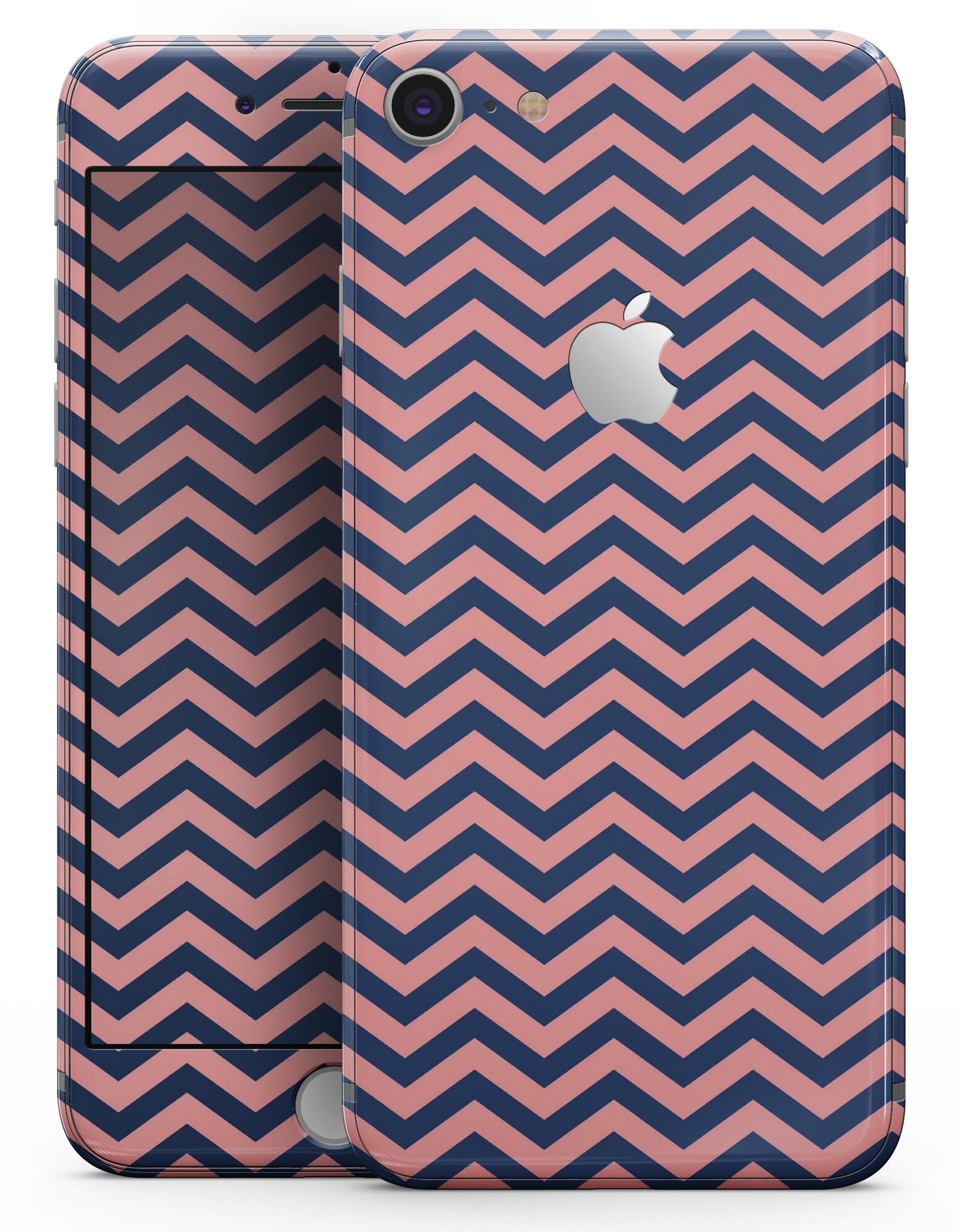 Coral and navy chevron pattern skin for iPhone 8 and 8 Plus, showcasing vibrant colors and stylish design.