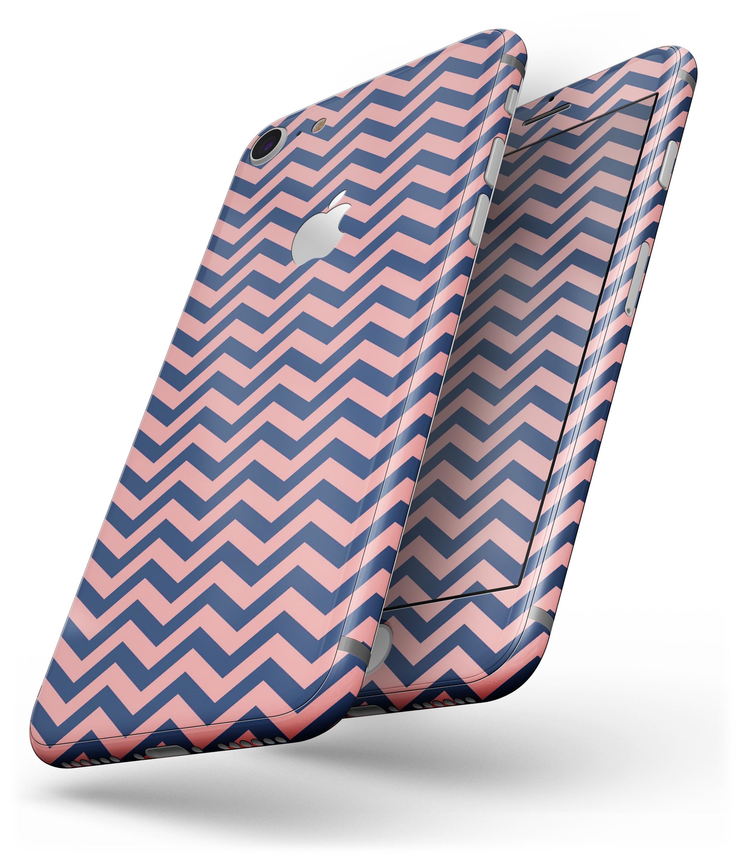 Coral and navy chevron pattern skin for iPhone 8 and 8 Plus, showcasing vibrant colors and stylish design.