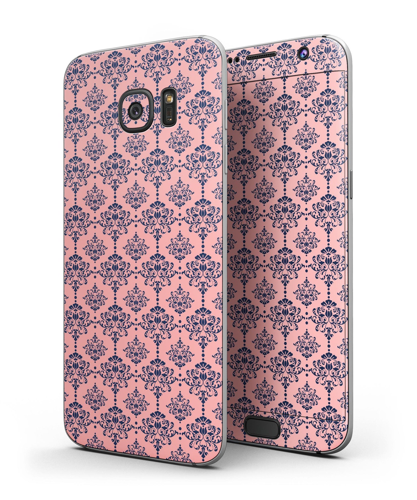 Coral and Navy Damask Pattern Skin-Kit for Samsung Galaxy S7/S7 Edge, showcasing vibrant colors and premium vinyl material.