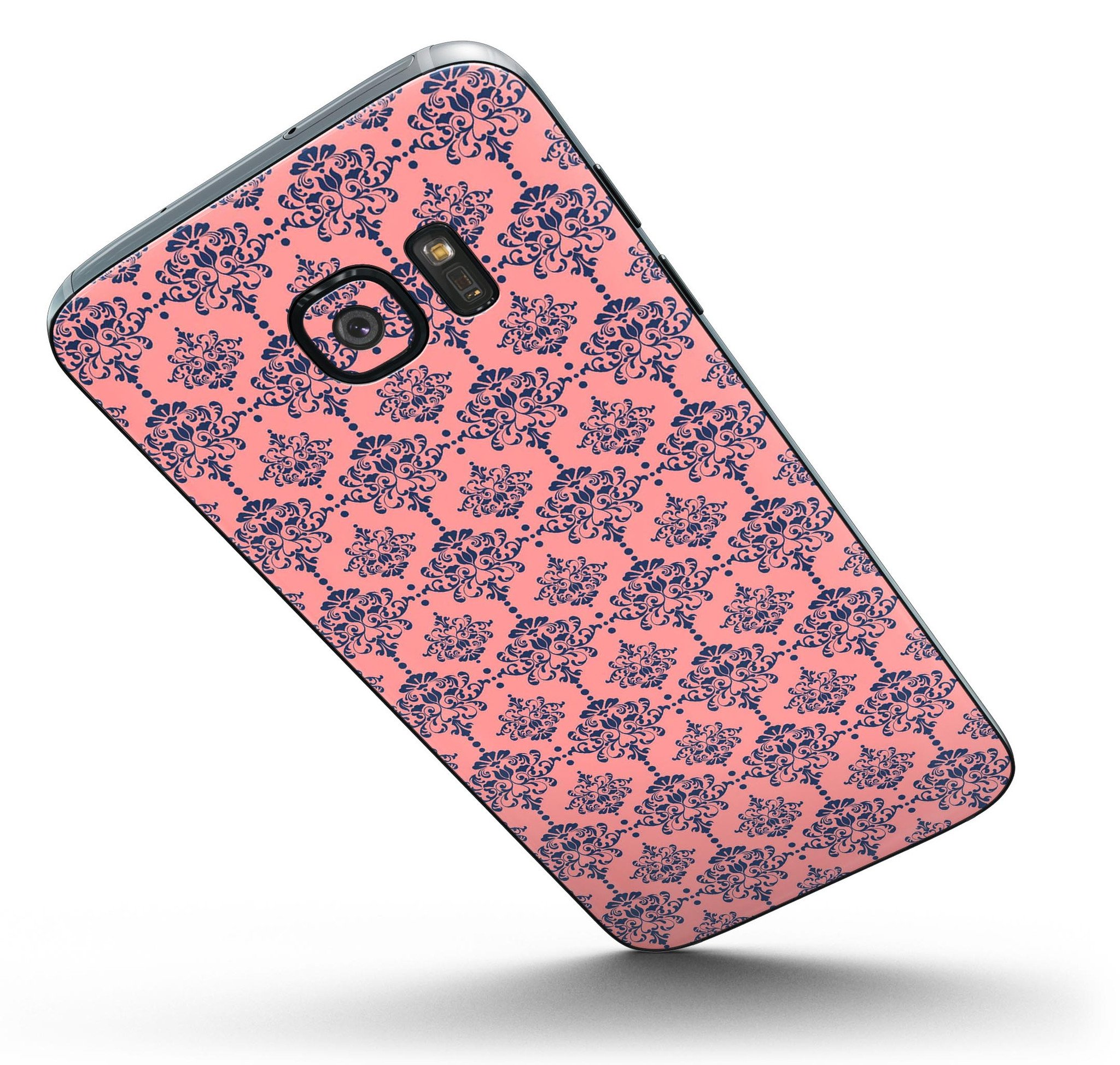 Coral and Navy Damask Pattern Skin-Kit for Samsung Galaxy S7/S7 Edge, showcasing vibrant colors and premium vinyl material.