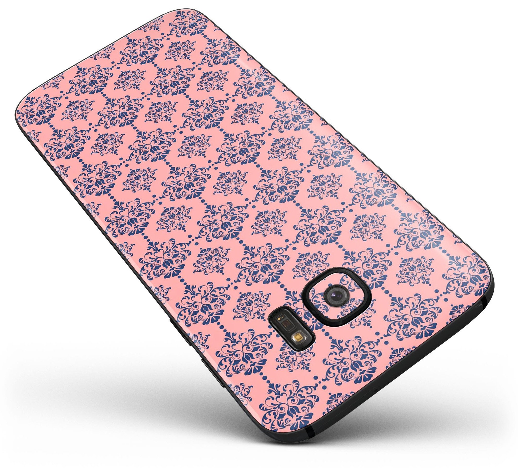 Coral and Navy Damask Pattern Skin-Kit for Samsung Galaxy S7/S7 Edge, showcasing vibrant colors and premium vinyl material.