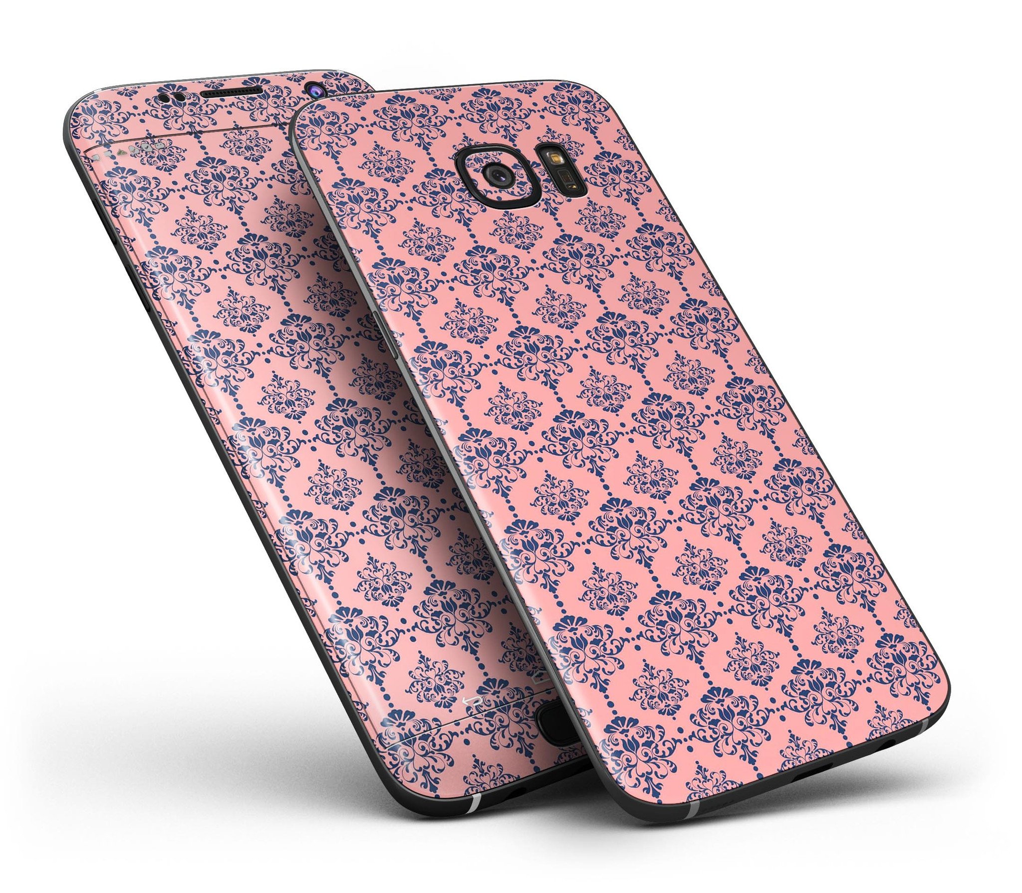 Coral and Navy Damask Pattern Skin-Kit for Samsung Galaxy S7/S7 Edge, showcasing vibrant colors and premium vinyl material.