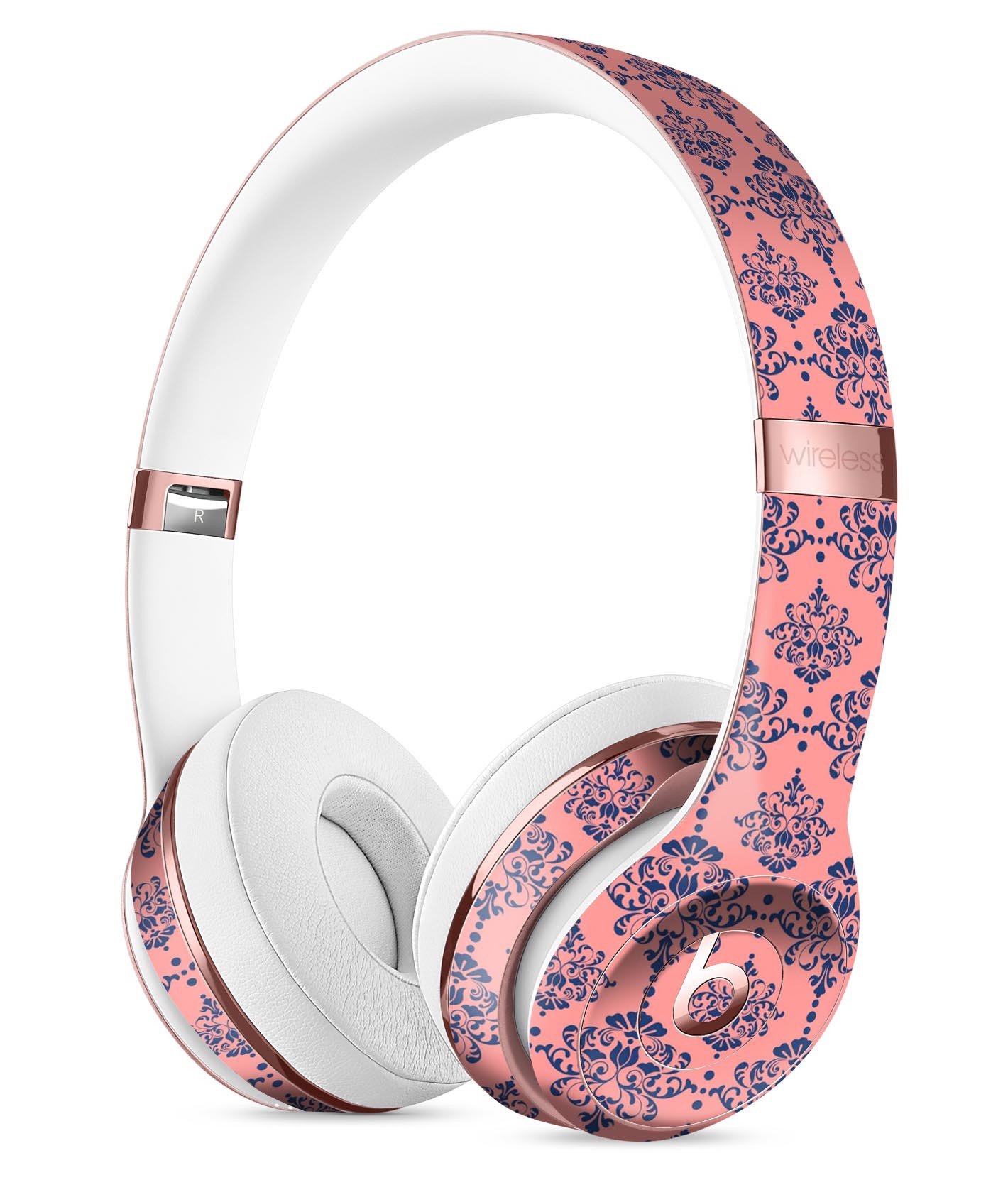 Coral and navy damask pattern skin kit for Beats by Dre Solo 3 Wireless Headphones, showcasing vibrant colors and intricate design.