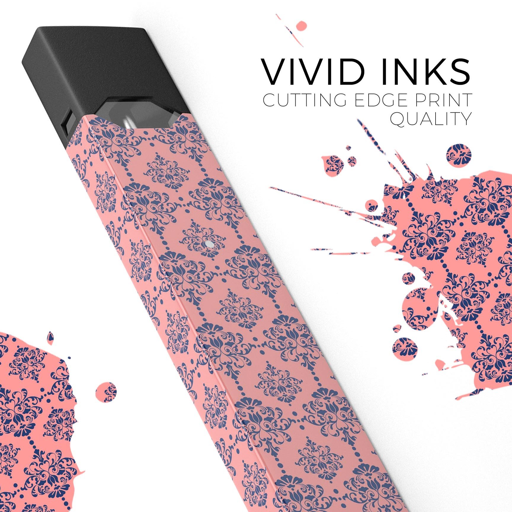 Coral and Navy Damask Pattern skin-wrap for JUUL vaping device, showcasing vibrant colors and intricate design.