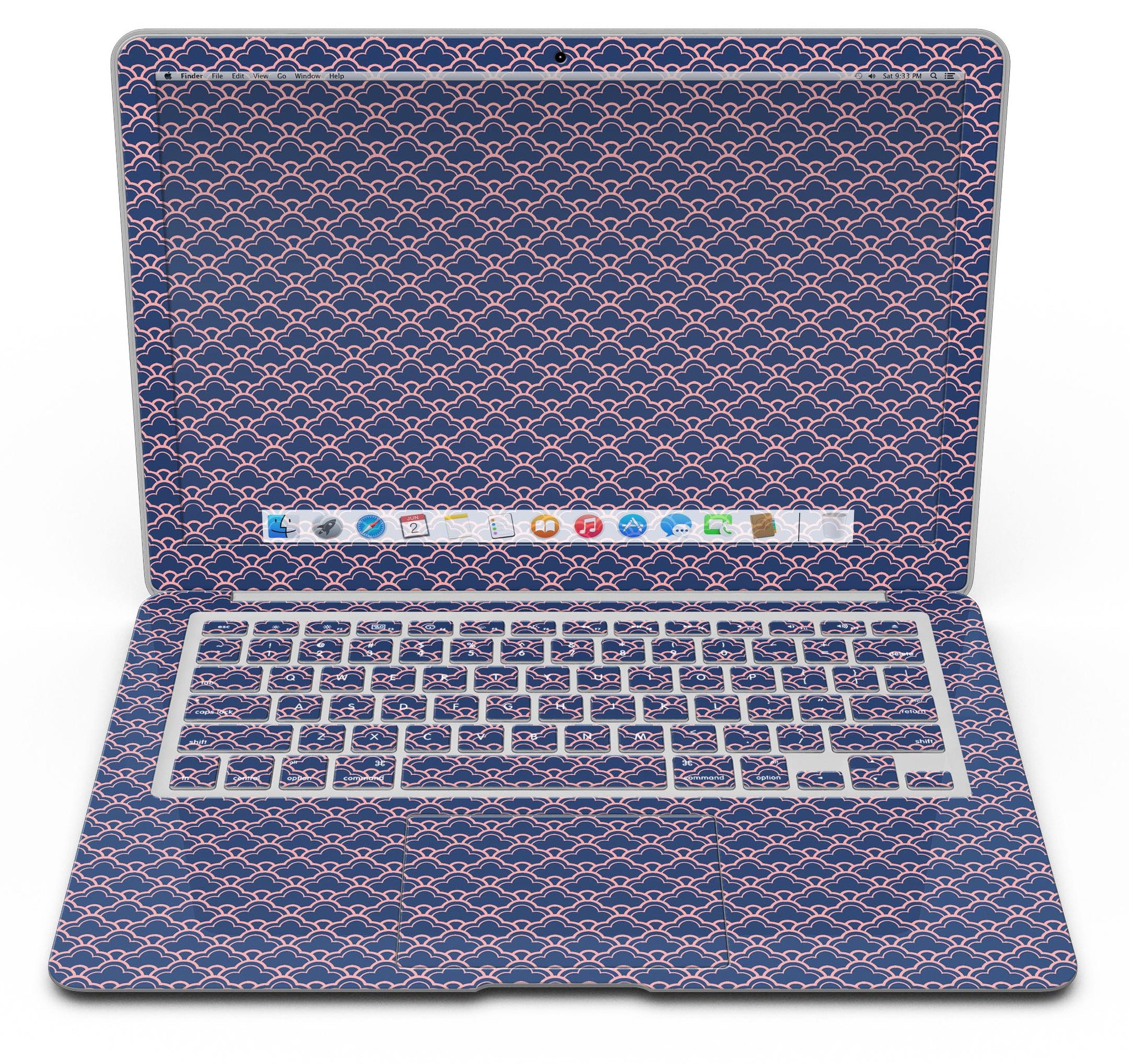 Coral and Navy Micro Cloud Pattern skin applied to a MacBook Air, showcasing its vibrant design and sleek fit.