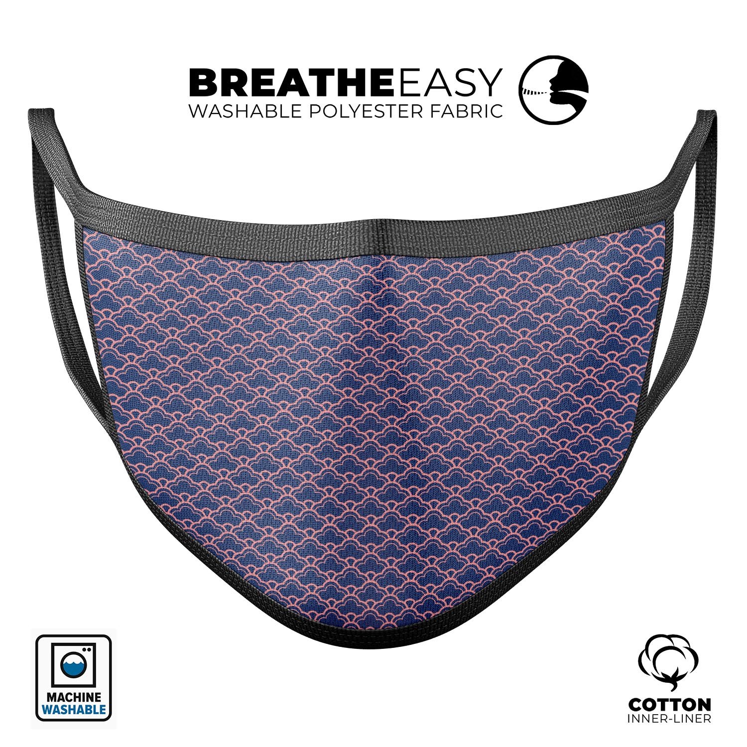 Coral and navy micro cloud pattern mouth cover, showcasing a stylish design and adjustable ear loops for a comfortable fit.