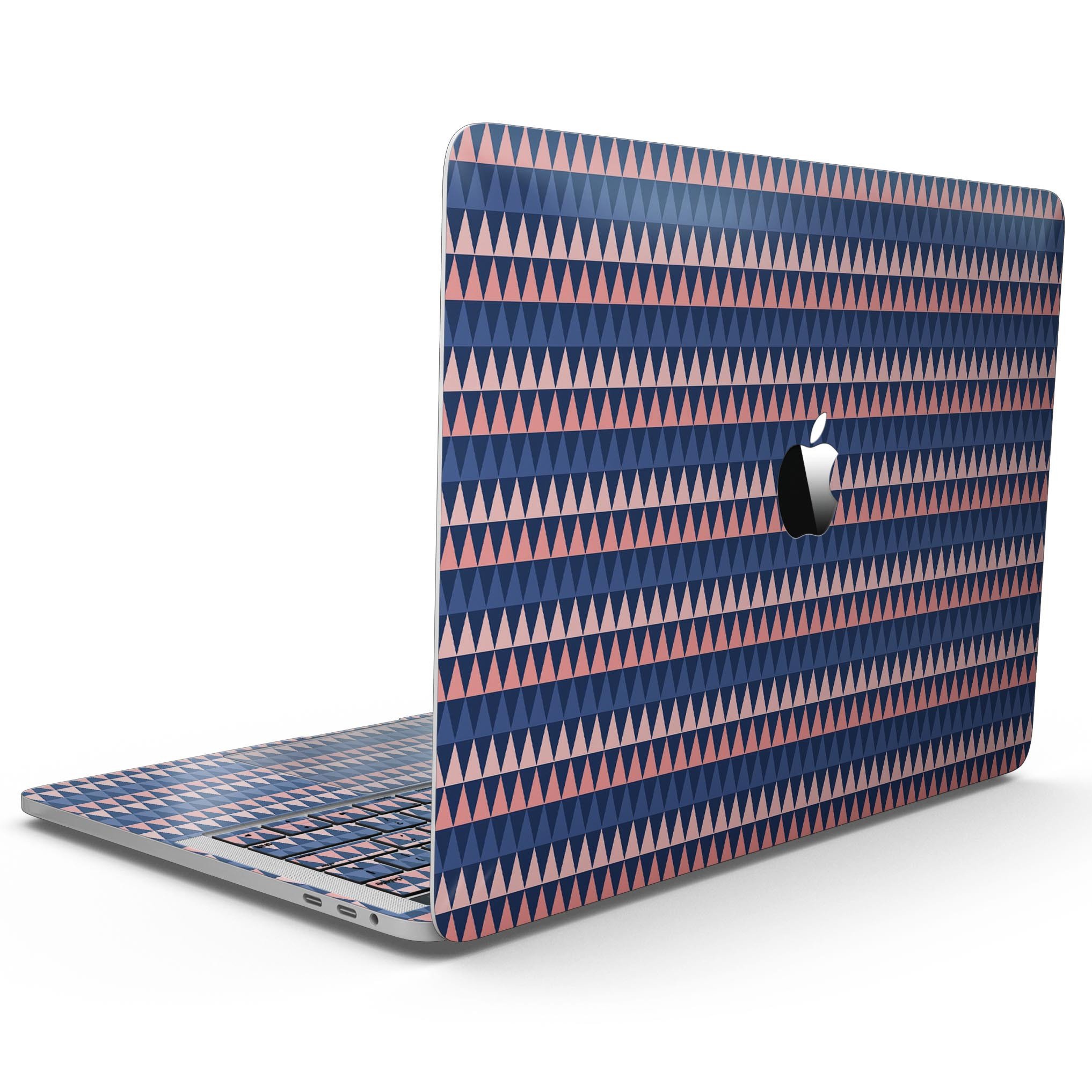 Coral and Navy Micro Triangles skin kit for MacBook Pro with Touch Bar, showcasing vibrant geometric patterns on a sleek device.